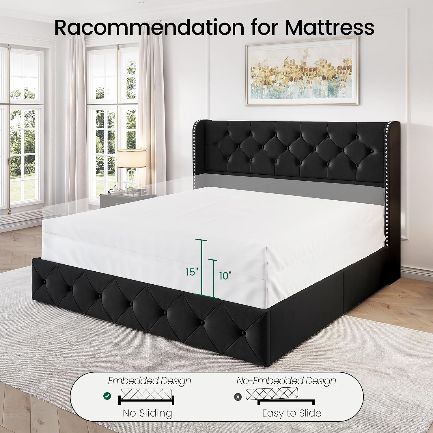 LARMACE Queen Size Bed Frame with 4 Storage Drawers and 47.2' Tall Wingback Headboard Upholstered Platform Beds Velvet Tufted Bed Frame with Wooden Slats Support, Easy Assembly, Black