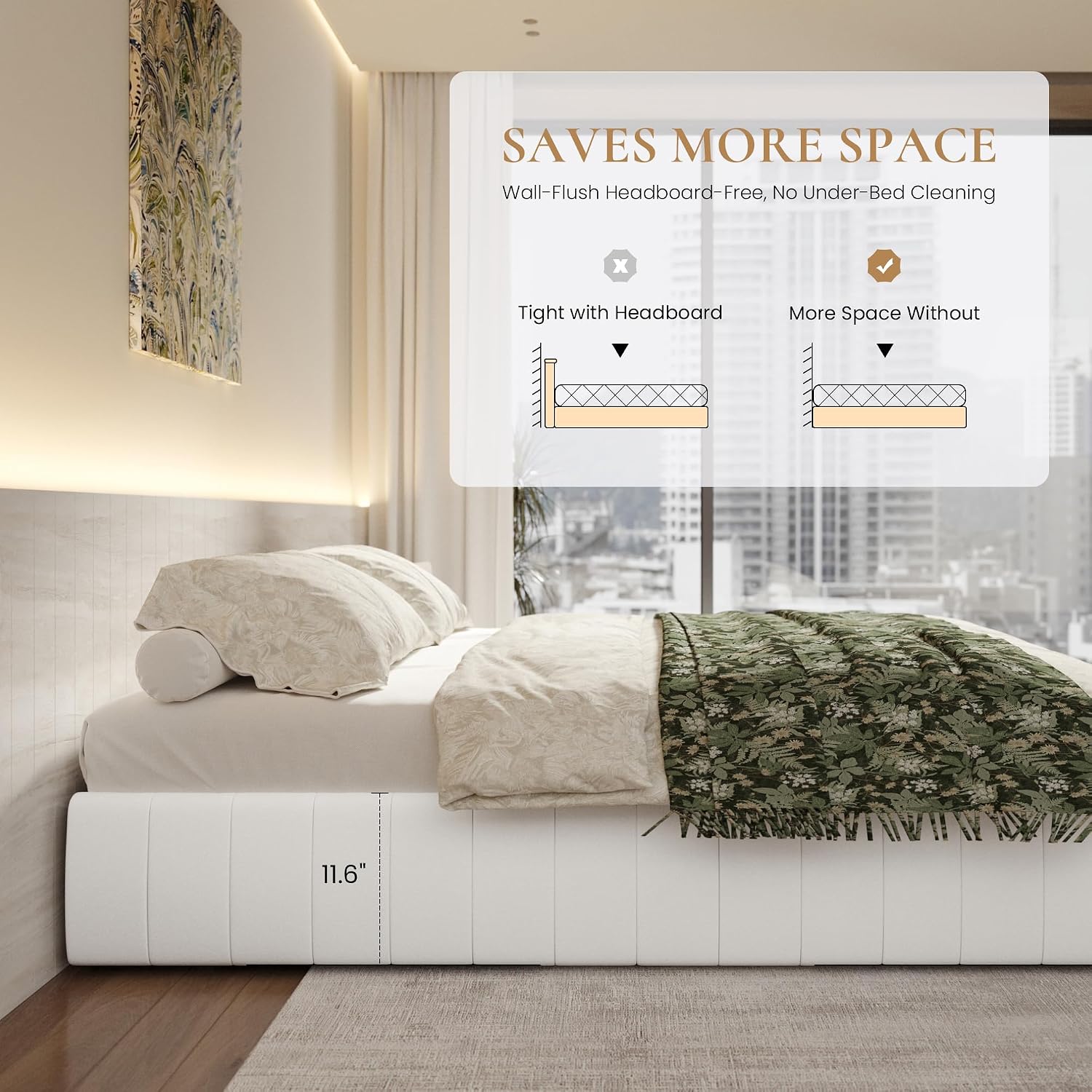 SHA CERLIN Full Size Velvet Upholstered Platform Bed Frame with 4 Storage Drawers, Vertical Channel Tufted, Low Profile, Fits Standard Headboards, Wooden Slats Support, Easy Assembly, White