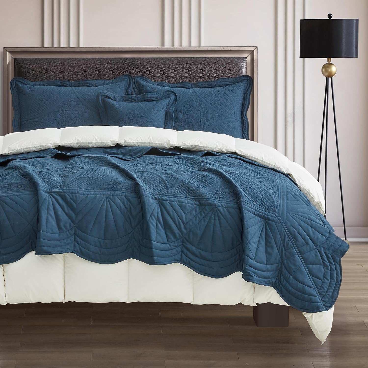DaisyHuang Oversized Bedspread - King Size Bedding Cover - Modern & Contemporary Coverlet Set, Real Stitching, Reversible, Lightweight, 5 Piece, Navy
