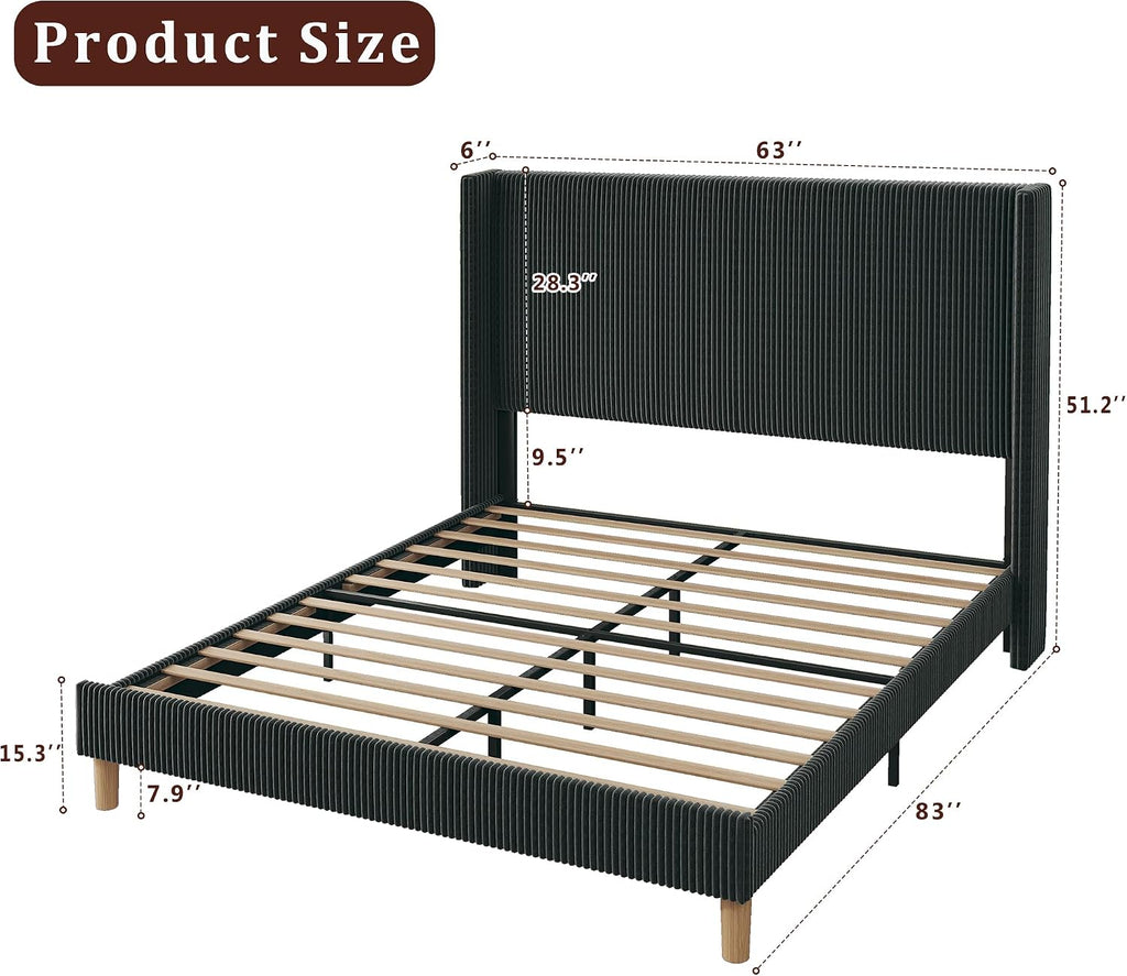HUAHUU Queen Bed Frame with 51.2' Tall Headboard, Corduroy Upholstered Bed Frame with Wingback, Platform Bed with Wooden Slats Support, Easy Assembly, No Box Spring Needed, Black