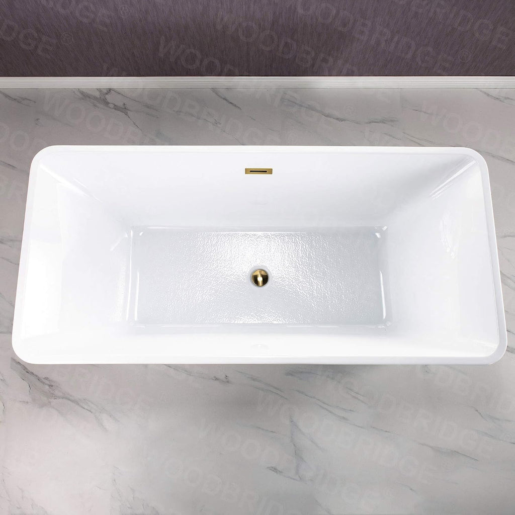 WOODBRIDGE 67' Acrylic Freestanding Bathtub Contemporary Soaking White Tub with Brushed Gold Overflow and Drain，BTA1609-BG-Drain &O