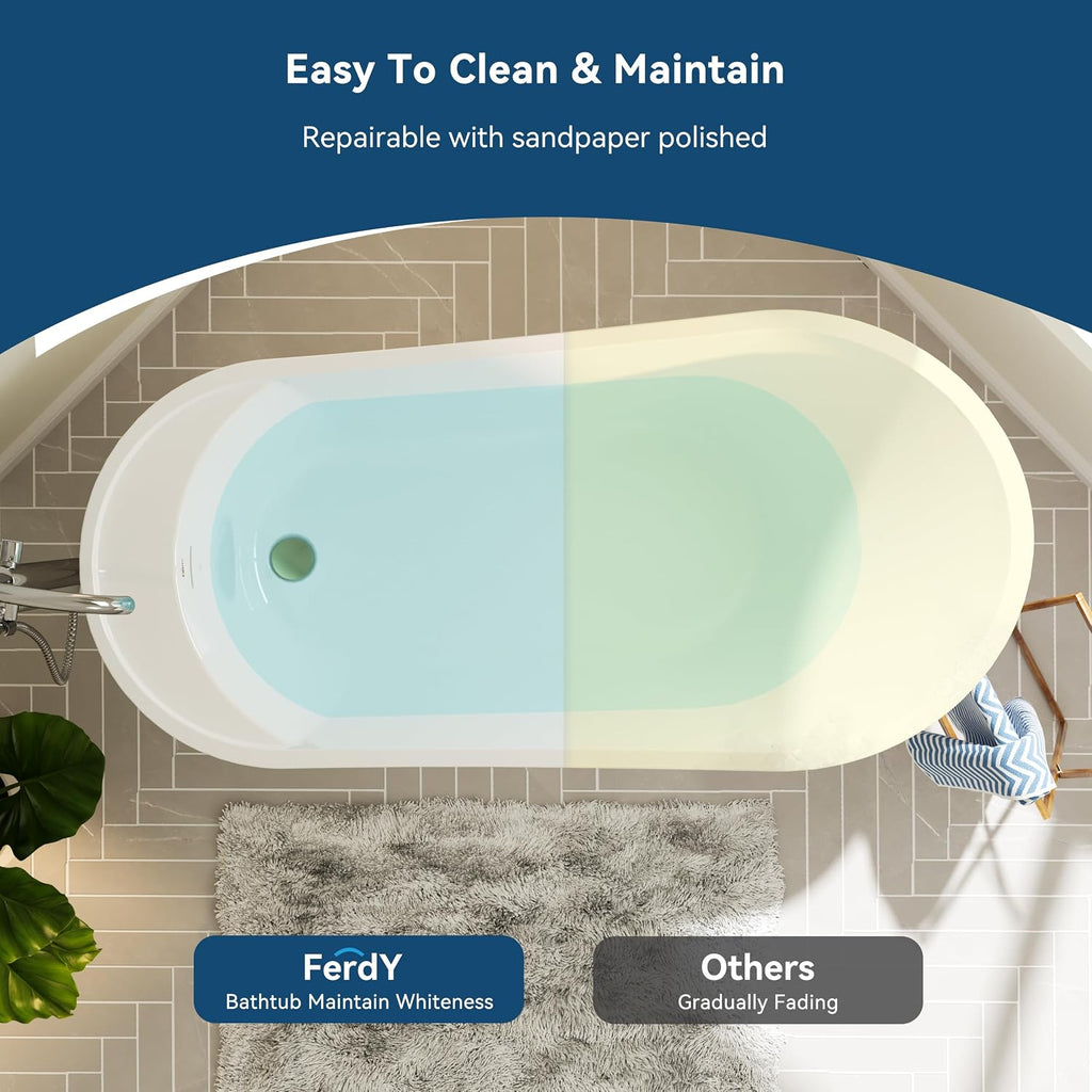 FerdY Langkawi 59' Acrylic Freestanding Bathtub, White Modern Stand Alone Soaking Bathtub, cUPC Certified, Brushed Gold Drain and Minimalist Linear Design Overflow Included, Easy to Install
