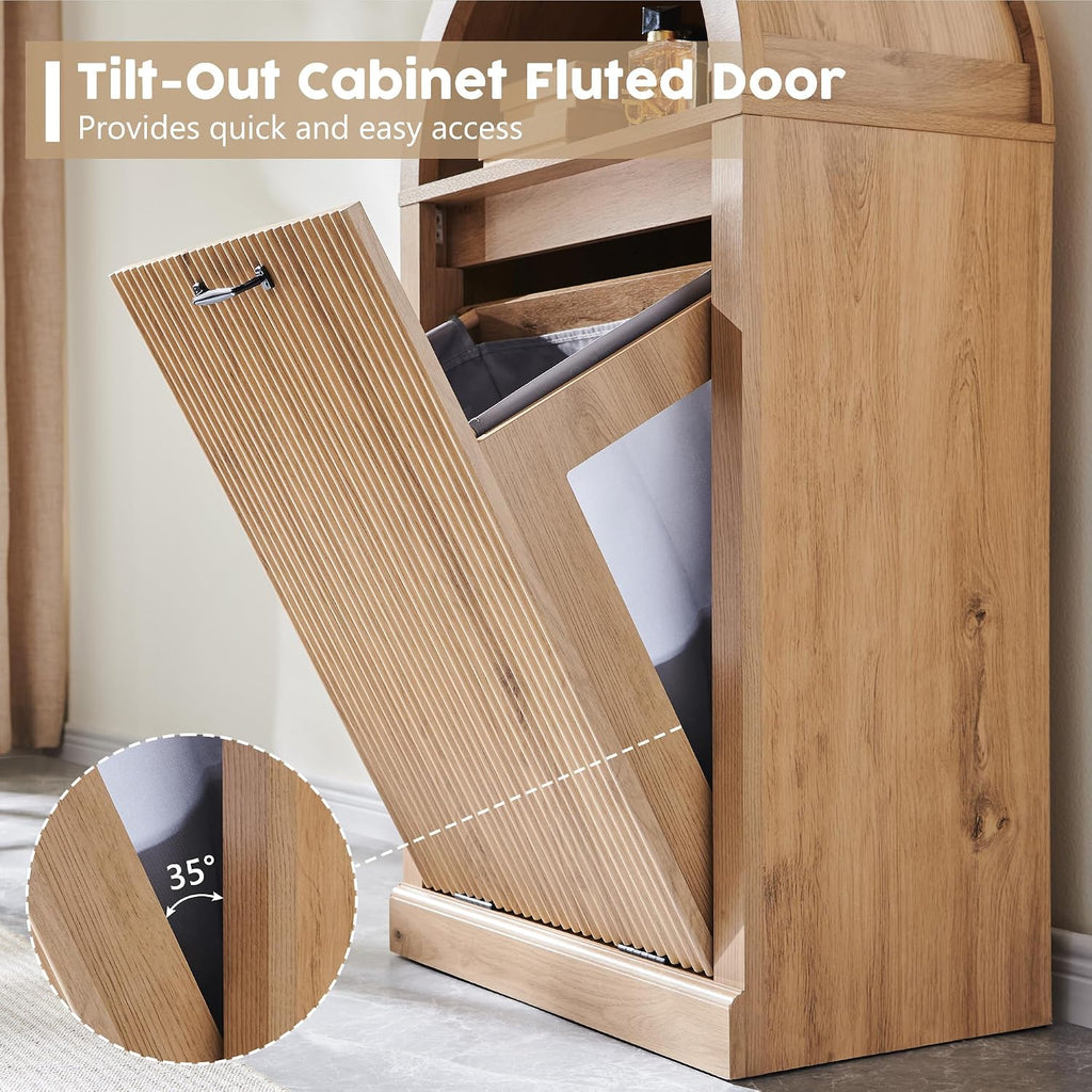 IFGET Arched Tilt-Out Trash Can Cabinet, Fluted 10 Gallon Trash Can Cabinet Set of 2, Modern Laundry Hamper, Hidden Garbage with Storage Basket for Kitchen, Living Room, Natural