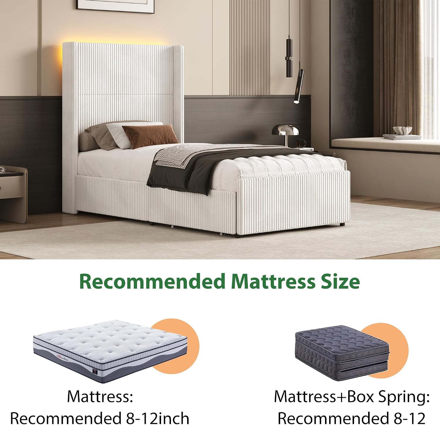 Hlivelood Twin Size Bed Frame with 52' Tall Corduroy Wingback Headboard, Upholstered Platform Bed with 2 Storage Drawers & LED Lights, Vertical Stripes, No Box Spring Needed, Noise-Free, Cream