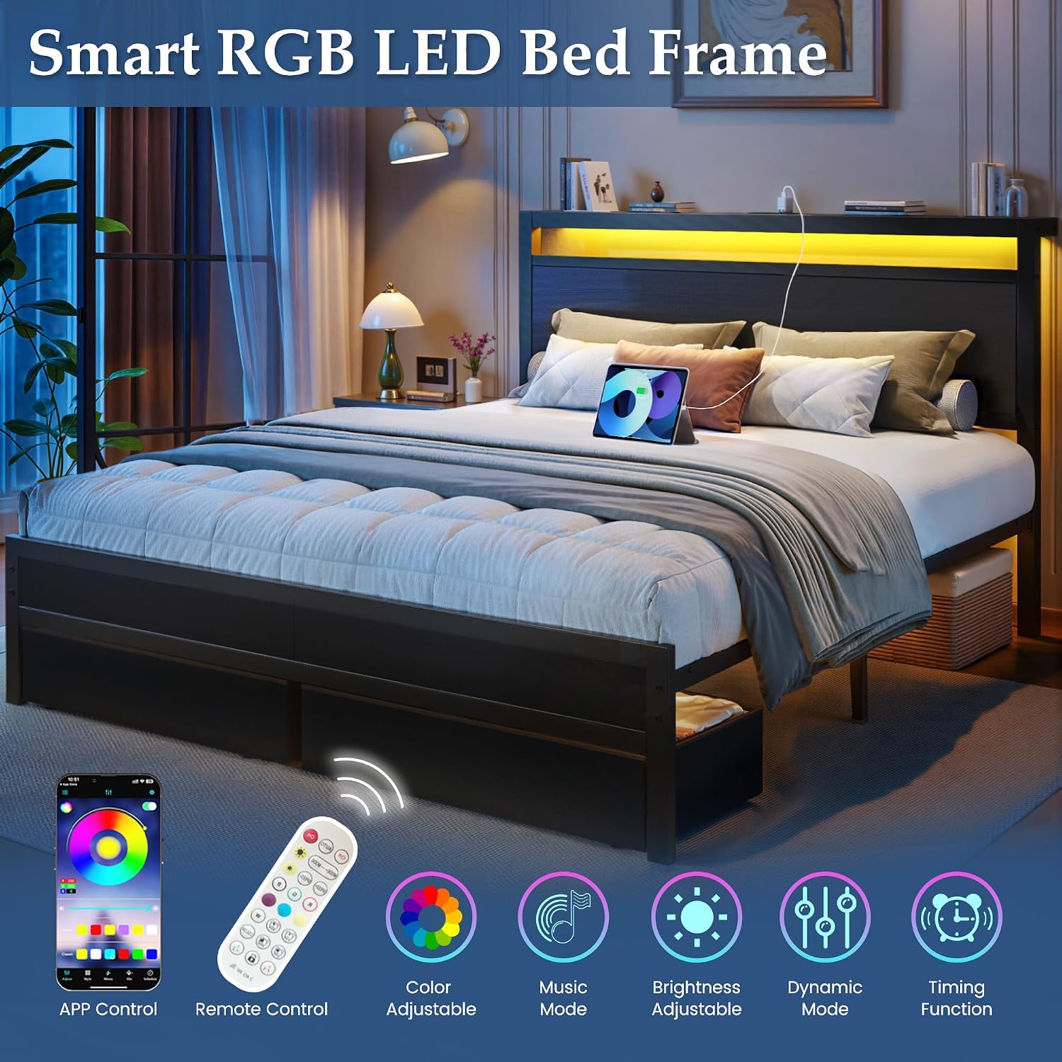 Fluest Queen Bed Frame,Queen Bed Frame with Storage Headboard & 2 Storage Drawer, Charging Station & LED Light, No Box Spring Needed, Noise Free, Easy Assembly, Classic Black