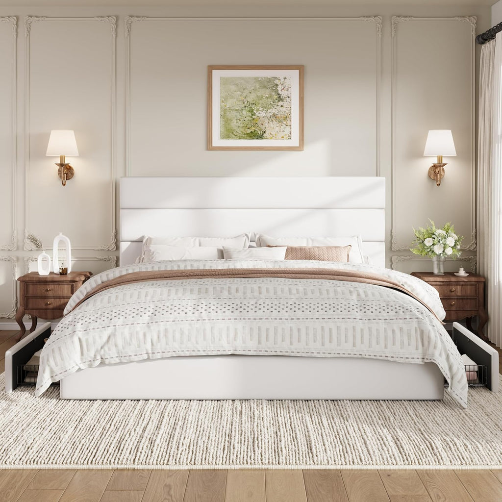 SHA CERLIN King Size Platform Bed Frame with 4 Storage Drawers, Velvet Upholstered Headboard, Mattress Foundation with Wooden Slats Support, No Box Spring Needed, Easy Assembly, White