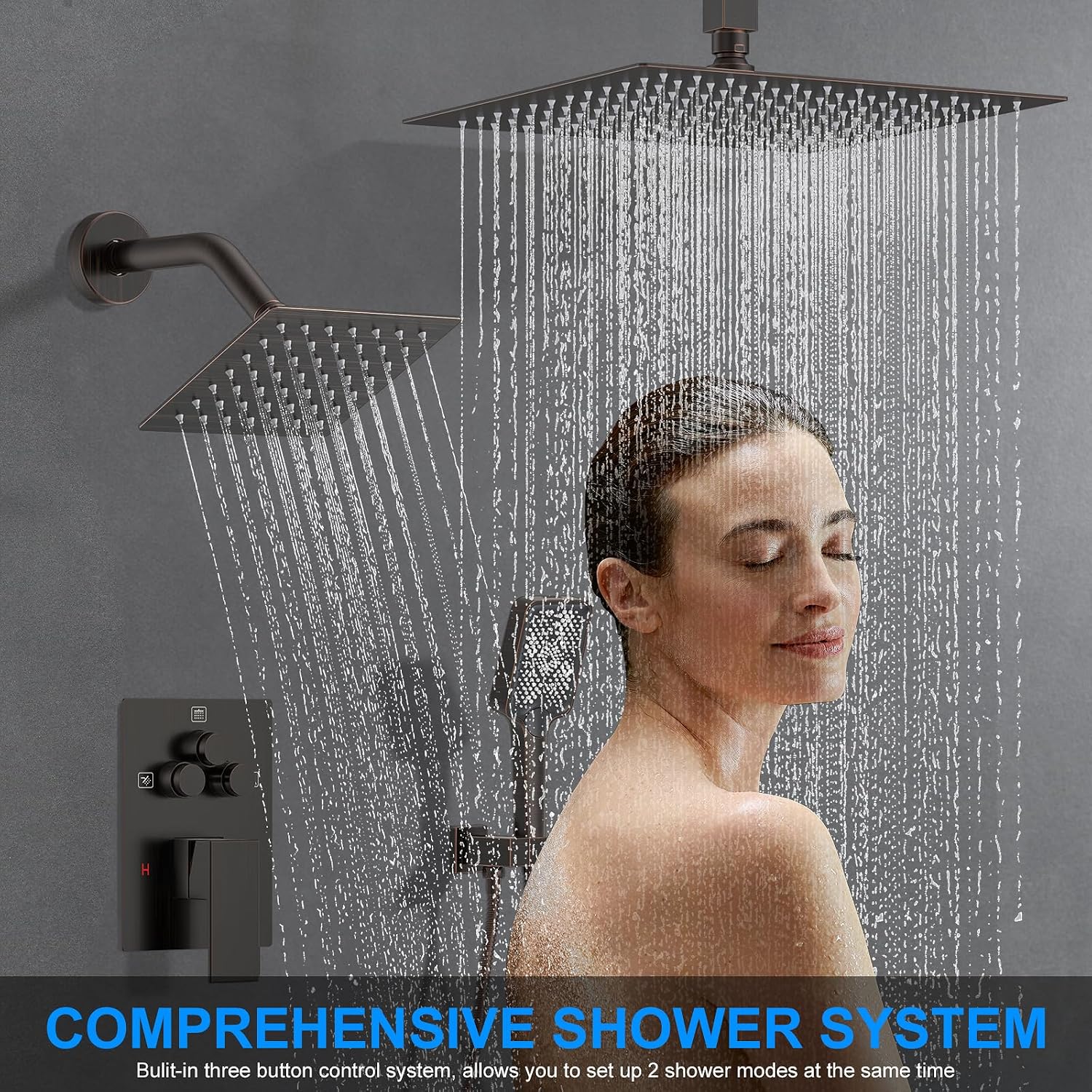 Shower Faucet Set, 12' Ceiling Mount Rainfall Shower System with 2 Rain Shower Head and Multi-function Handheld Head Push Button Diverter Shower Faucet Trim Kit (12', Oil Rubbed Bronze)