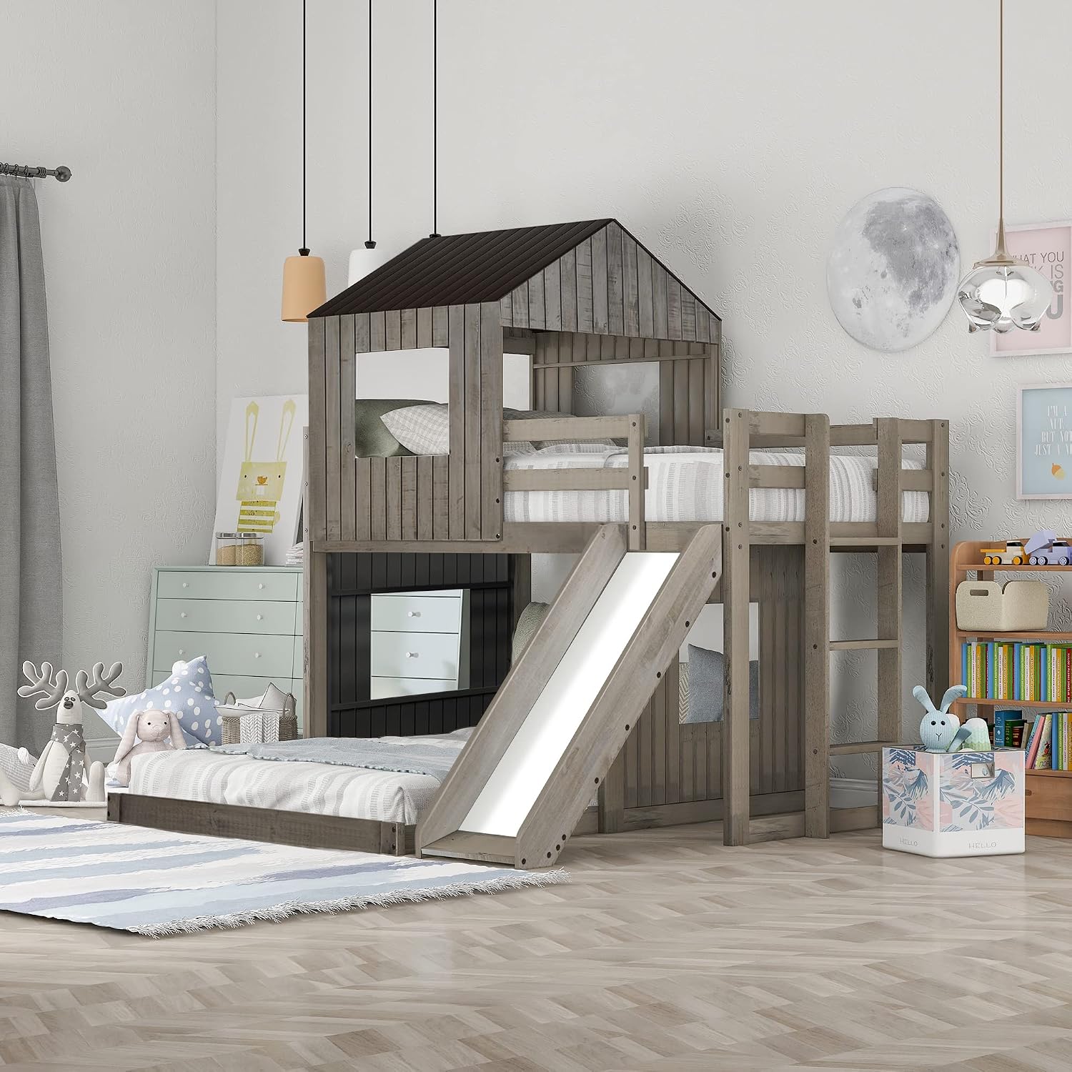 MERITLINE House Bed Bunk Beds with Slide Twin Over Full Size Bunk Bed Frame with Slide,Wooden Playhouse - Design Slide Bunk Beds Twin Over Full Bunk for Boys and Girls