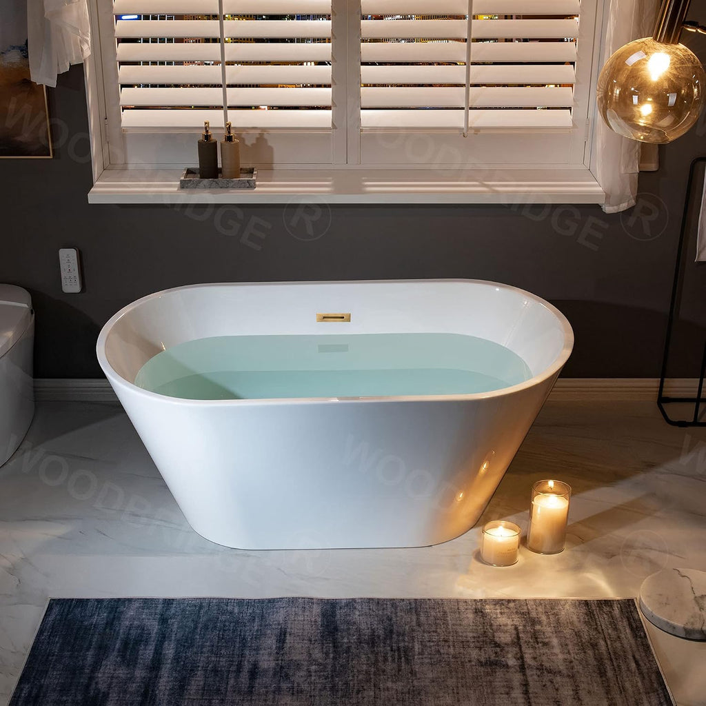WOODBRIDGE 54' Acrylic Freestanding Bathtub Contemporary Soaking White Tub with Brushed Gold Overflow and Drain,B1702-BG