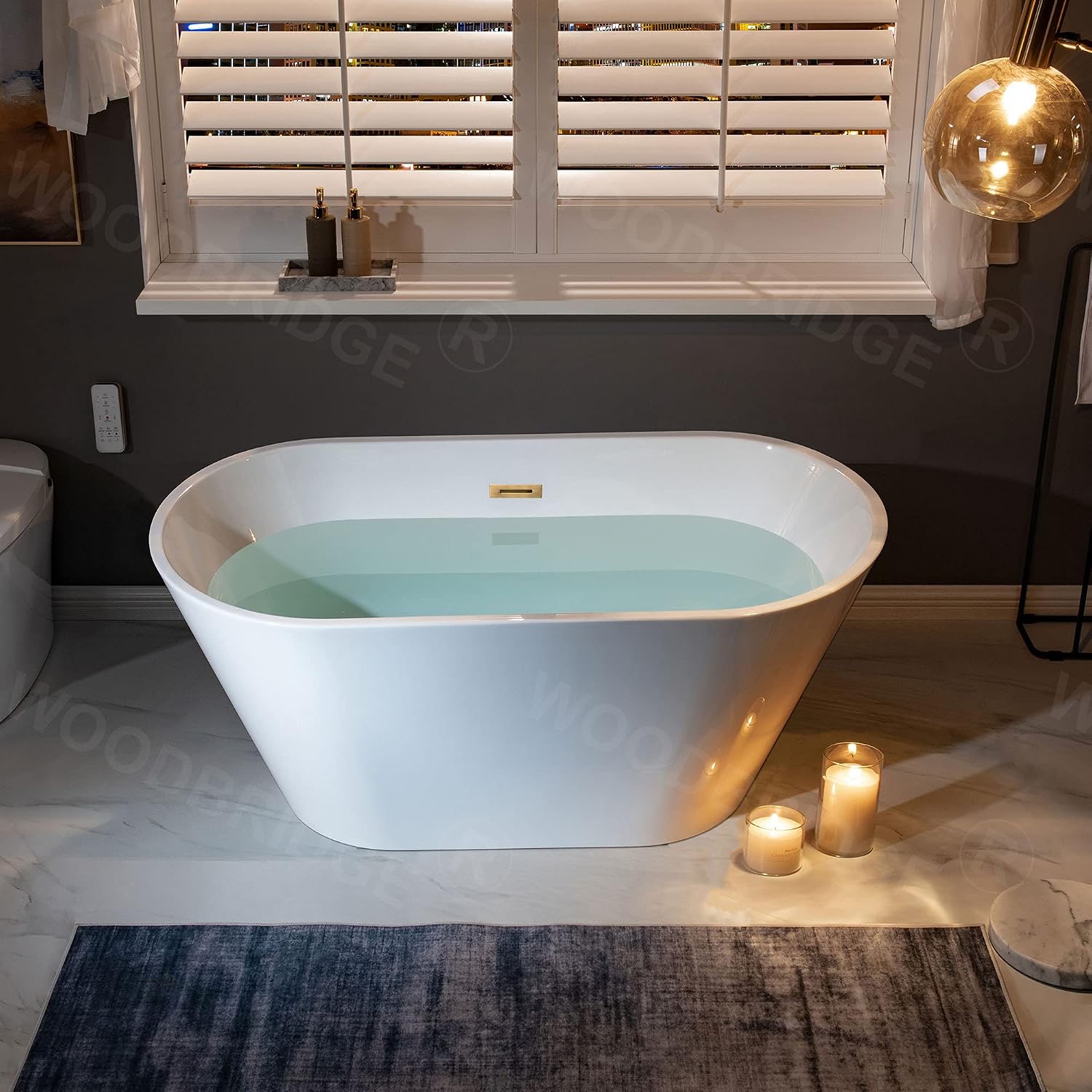 WOODBRIDGE 54' Acrylic Freestanding Bathtub Contemporary Soaking White Tub with Brushed Gold Overflow and Drain,B1702-BG