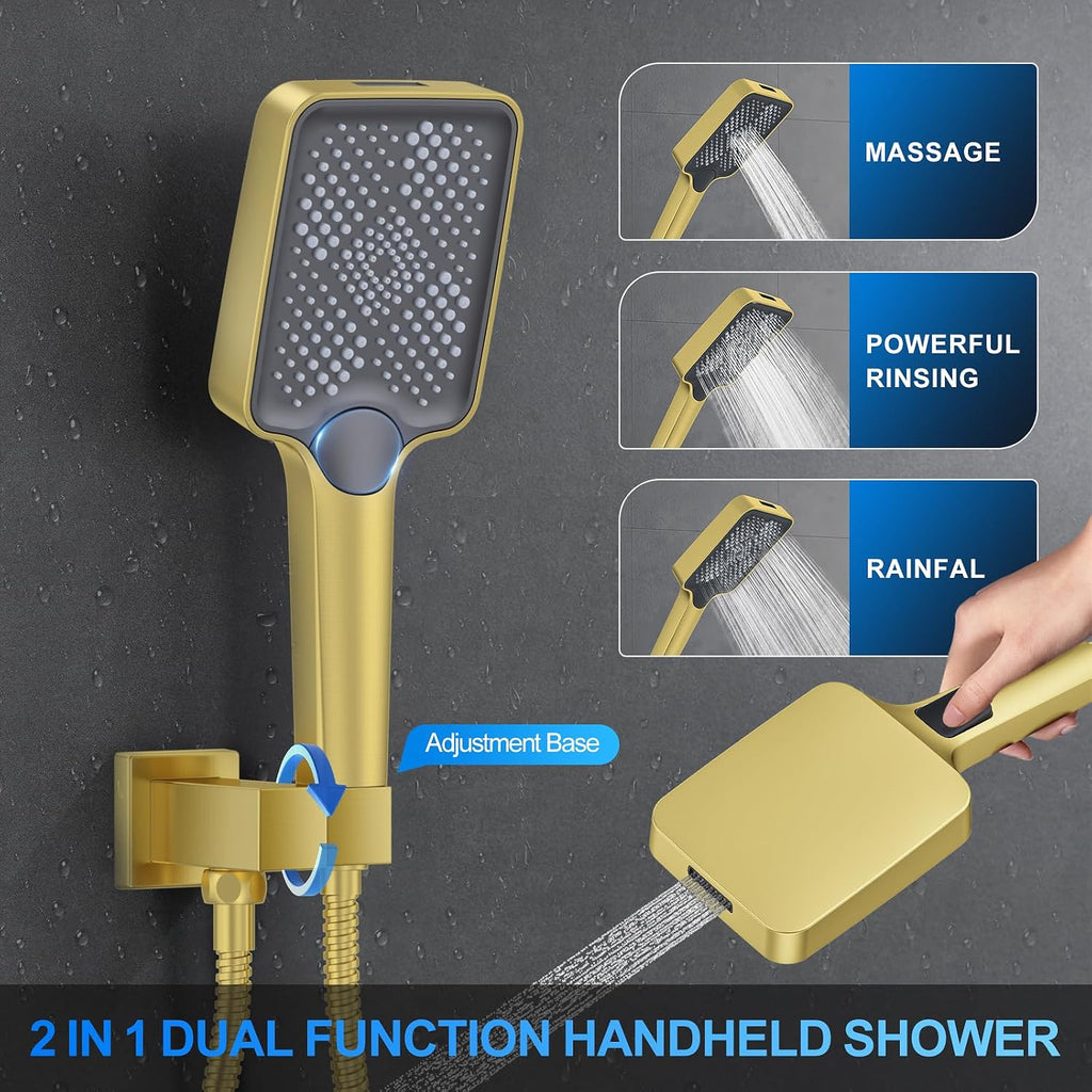 Shower Faucet Set, 12' Ceiling Mount Rainfall Shower System with 2 Rain Shower Head and Multi-function Handheld Head Push Button Diverter Shower Faucet Trim Kit (12', Brushed Gold)