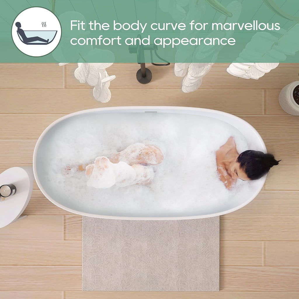SJ STAR&JANE 55' Solid Surface Freestanding Bathtub Stone Resin Tub Oval Double Slippers Stand Alone Soaking Tub with Pop-up Drain and Overflow, Matte White