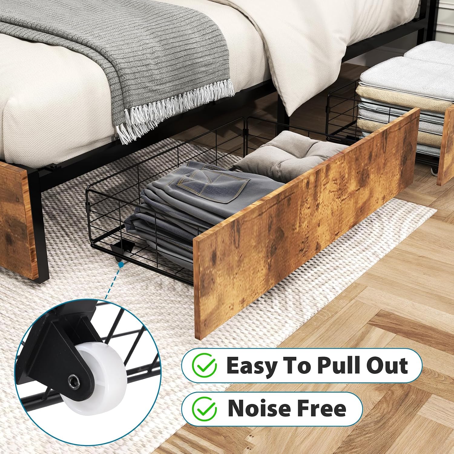 Kiivakii King Size Bed Frame with 4 Storage Drawers, LED Platform Bed with Headboard, Built in Charging Station, Noise-Free, Metal Support Base, No Box Spring Needed, Rustic Brown