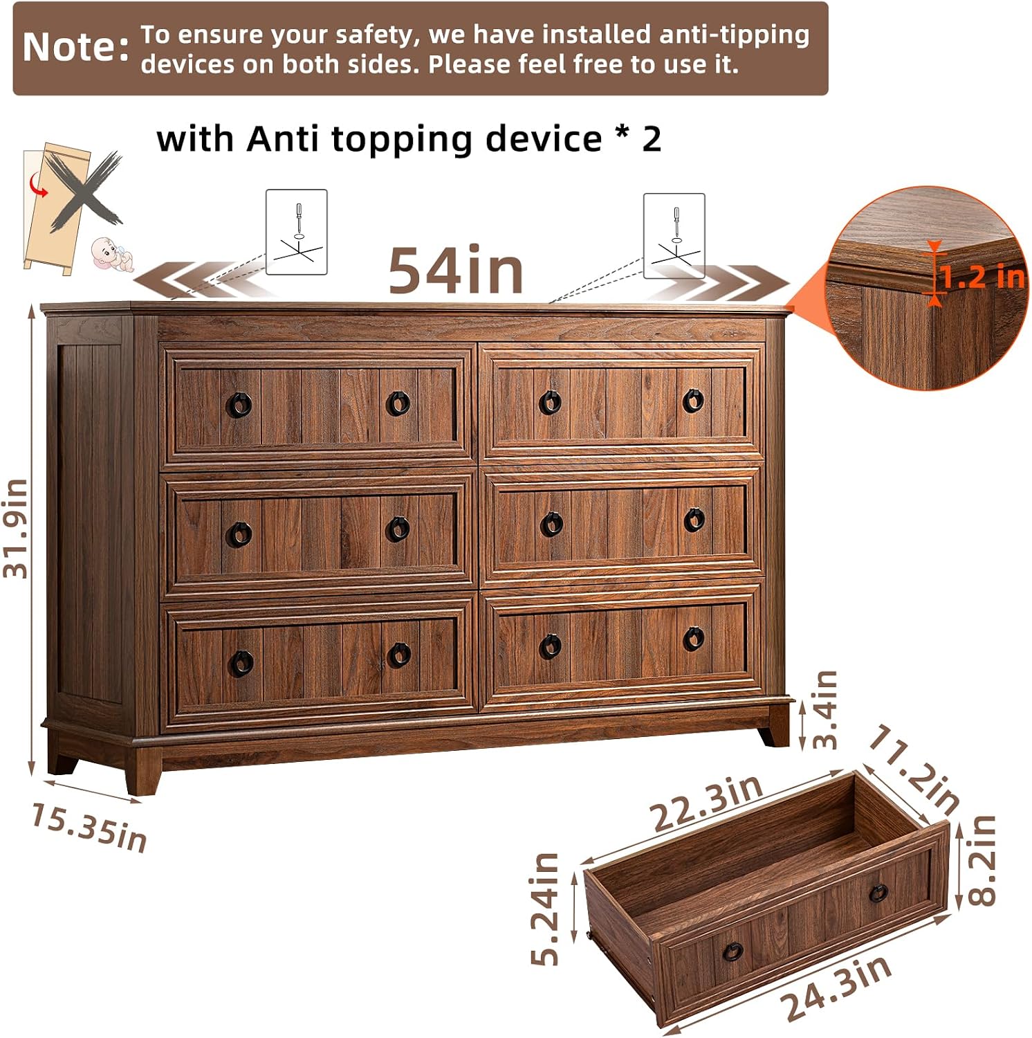 Joaxswe Farmhouse Dresser and Nightstand Sets 3 Piece, Nightstands Set of 2 and 6 Drawers Dresser for Bedroom, 54' Wide Dresser and 18' Inch Night Stand Set for Bedroom, Living Room, Hallway