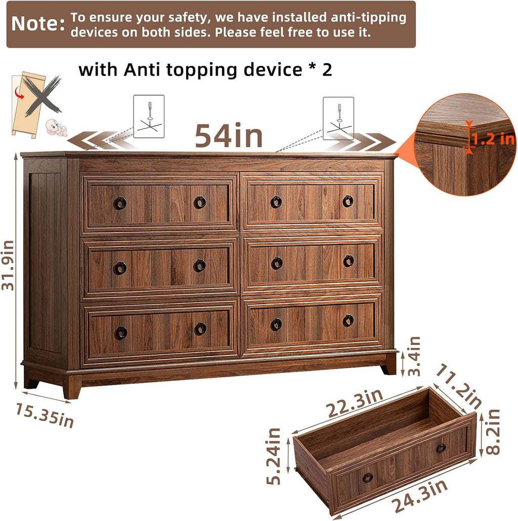 Joaxswe Farmhouse Dresser and Nightstand Sets 2 Piece, Nightstands and 6 Drawers Dressers for Bedroom, 54' Wide Dresser and 18' Inch Night Stand Set for Bedroom, Living Room, Hallway