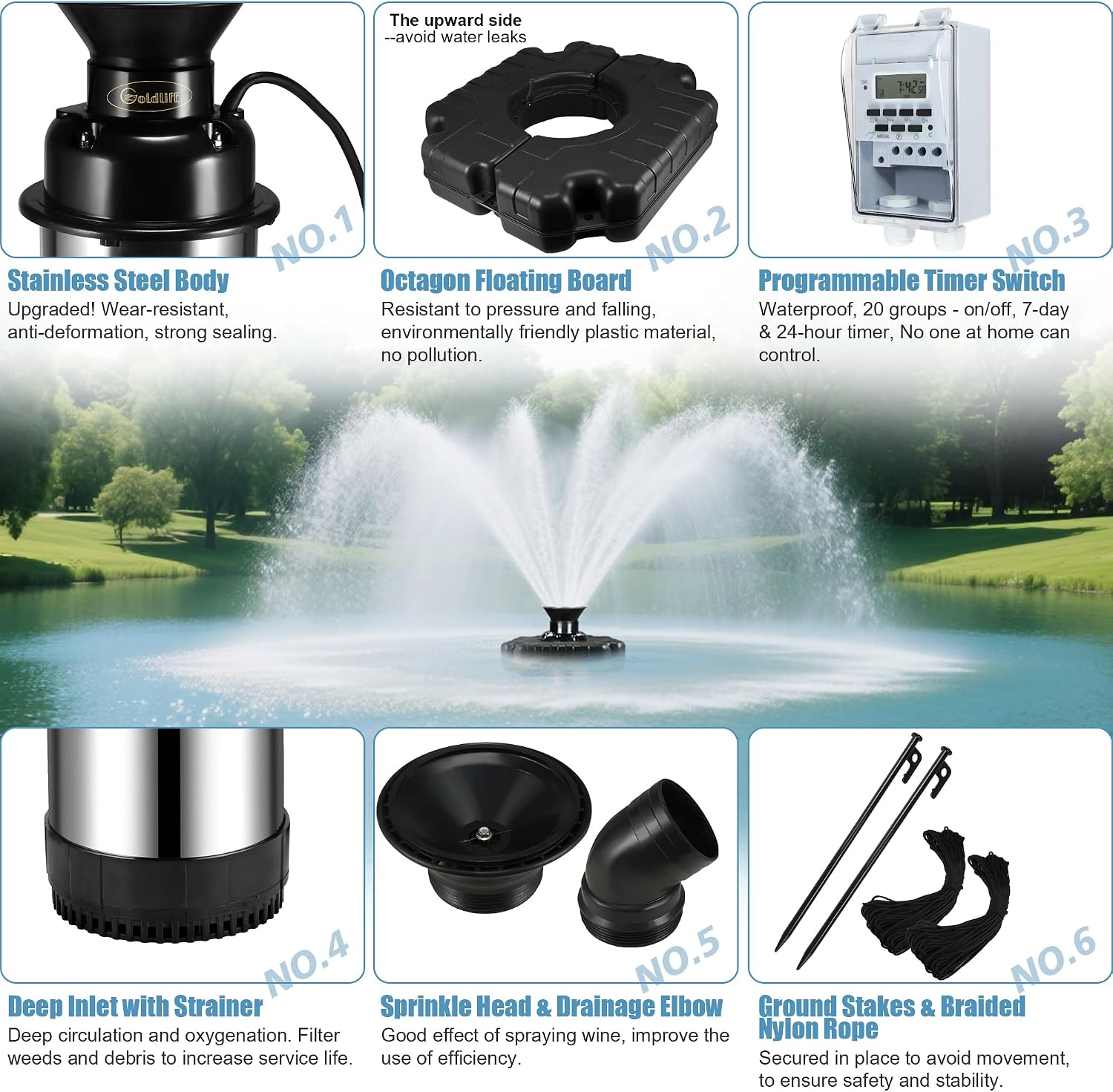 Goldlife Pond Fountain Aerator, F3 No Light, 1HP 750W 110V Stainless Steel Floating Fountain With 100 FT Power Cord, Black Octagon Aerating Fountain Pump for Small Large Ponds Lake Pool Bay Fish farm