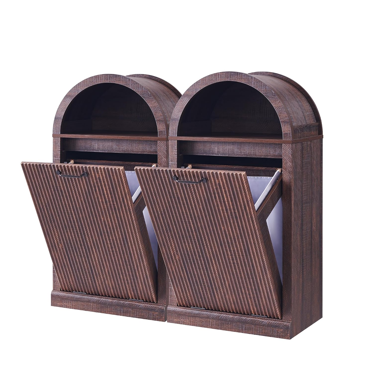 IFGET Arched Tilt-Out Trash Can Cabinet, Fluted 10 Gallon Trash Can Cabinet Set of 2, Modern Laundry Hamper, Hidden Garbage with Storage Basket for Kitchen, Living Room, Brown
