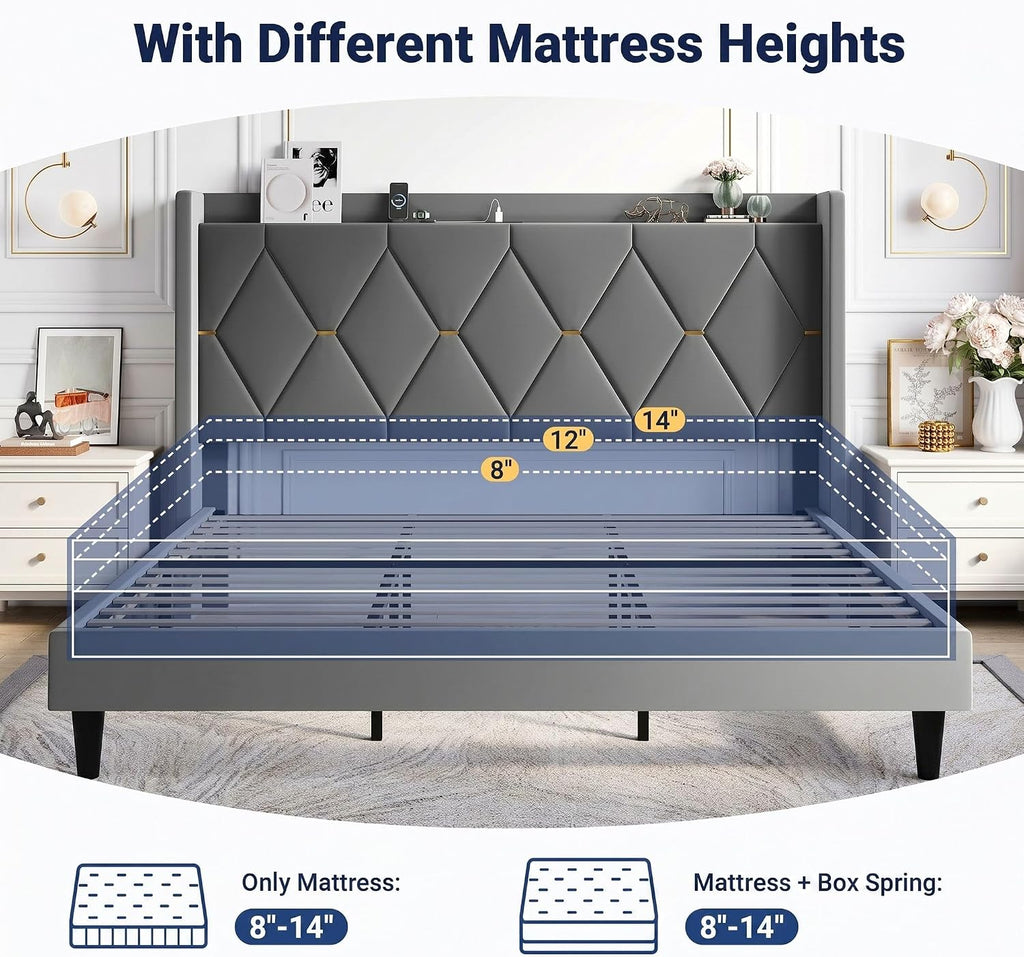 Allewie Velvet King Size Upholstered Bed Frame with Wingback Storage Headboard & Charging Station, Platform Bed with Diamond Tufted Design & Gold Trim, No Box Spring Needed, Easy Assembly, Grey
