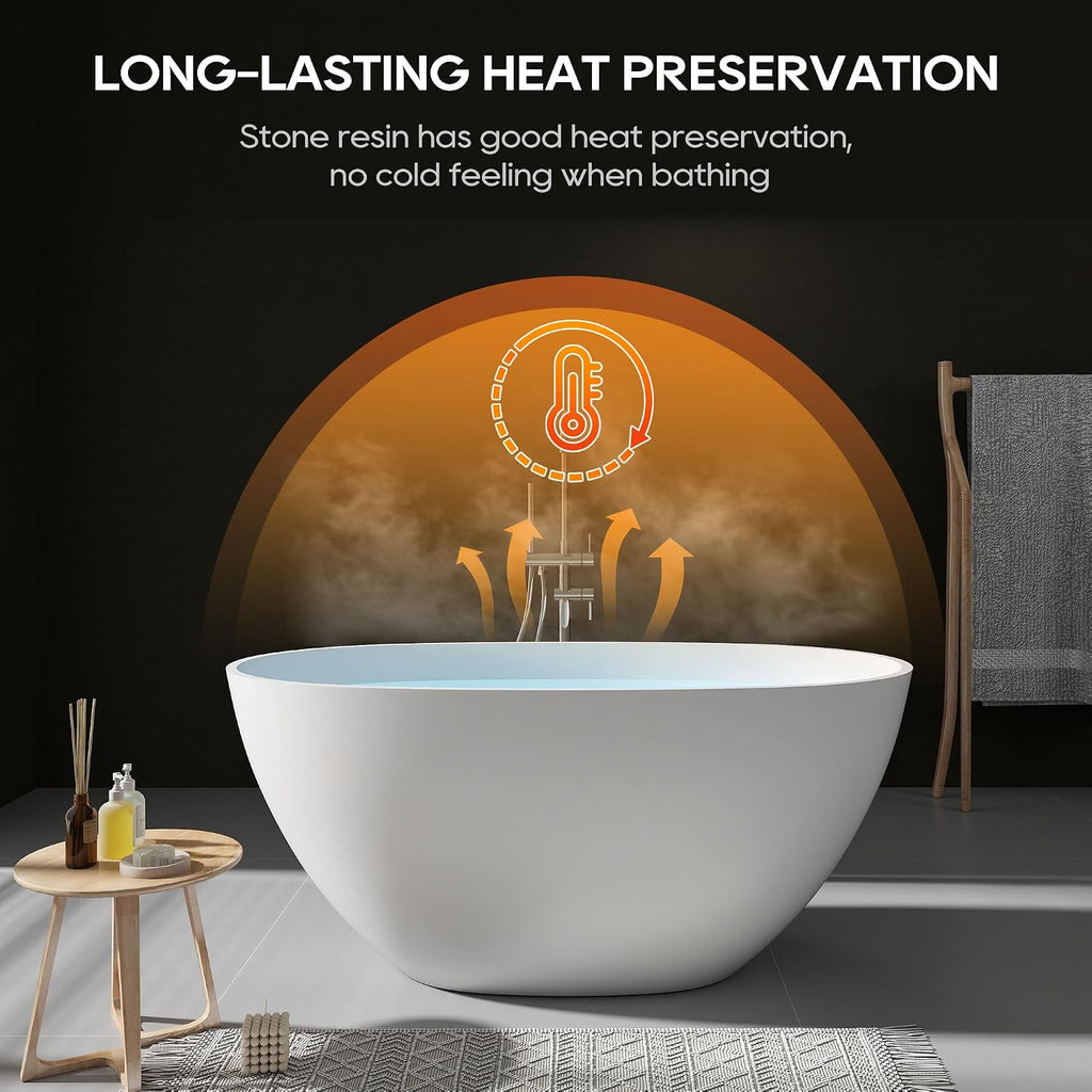 SJ STAR&JANE 51' Solid Surface Freestanding Bathtub, Stone Resin Oval Soaking Tub, Matte White，with Pop-up Drain & Overflow