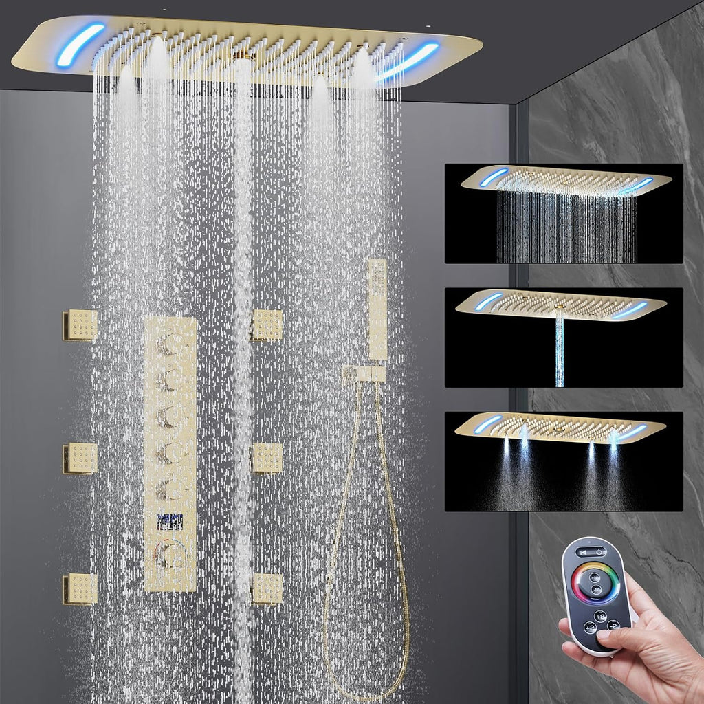 AYIVG Brushed Gold 16 x 26 Inch Full Body Thermostatic Rainfall Shower System 64 Color LED Rainfall Luxury Shower Head System with 6 Spray Jets Ceiling Mount Rain Temperature Display Shower Faucet Set