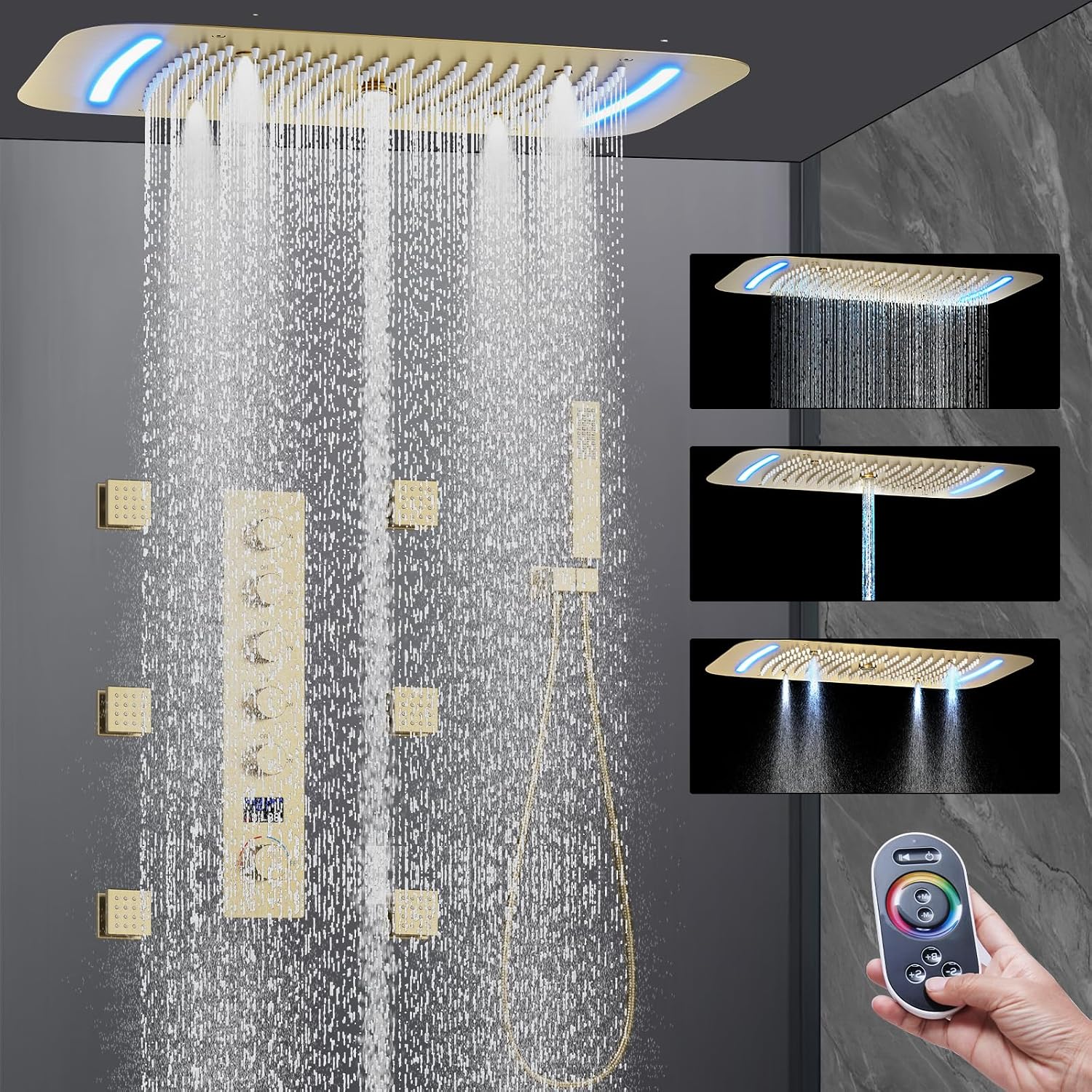 AYIVG Brushed Gold 16 x 26 Inch Full Body Thermostatic Rainfall Shower System 64 Color LED Rainfall Luxury Shower Head System with 6 Spray Jets Ceiling Mount Rain Temperature Display Shower Faucet Set