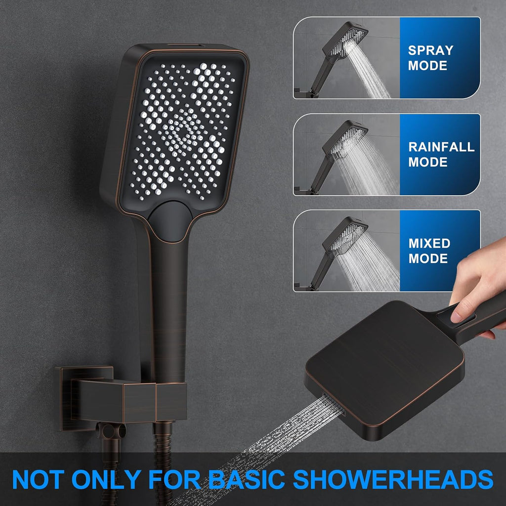 Shower Faucet Set, 12' Ceiling Mount Rainfall Shower System with 2 Rain Shower Head and Multi-function Handheld Head Push Button Diverter Shower Faucet Trim Kit (12', Oil Rubbed Bronze)