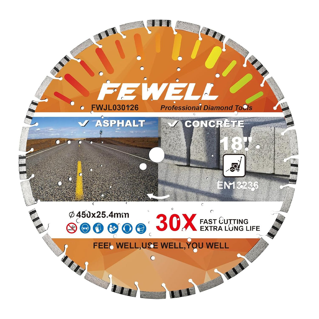 FEWELL 18' Concrete Diamond Saw Blade,Asphalt Diamond Blade Multi-Purpose for Cutting Hard Reinforced Concrete Asphalt Masonry Stone Terrazzo, Laser-Welded Segmented, 1'-20mm Bore