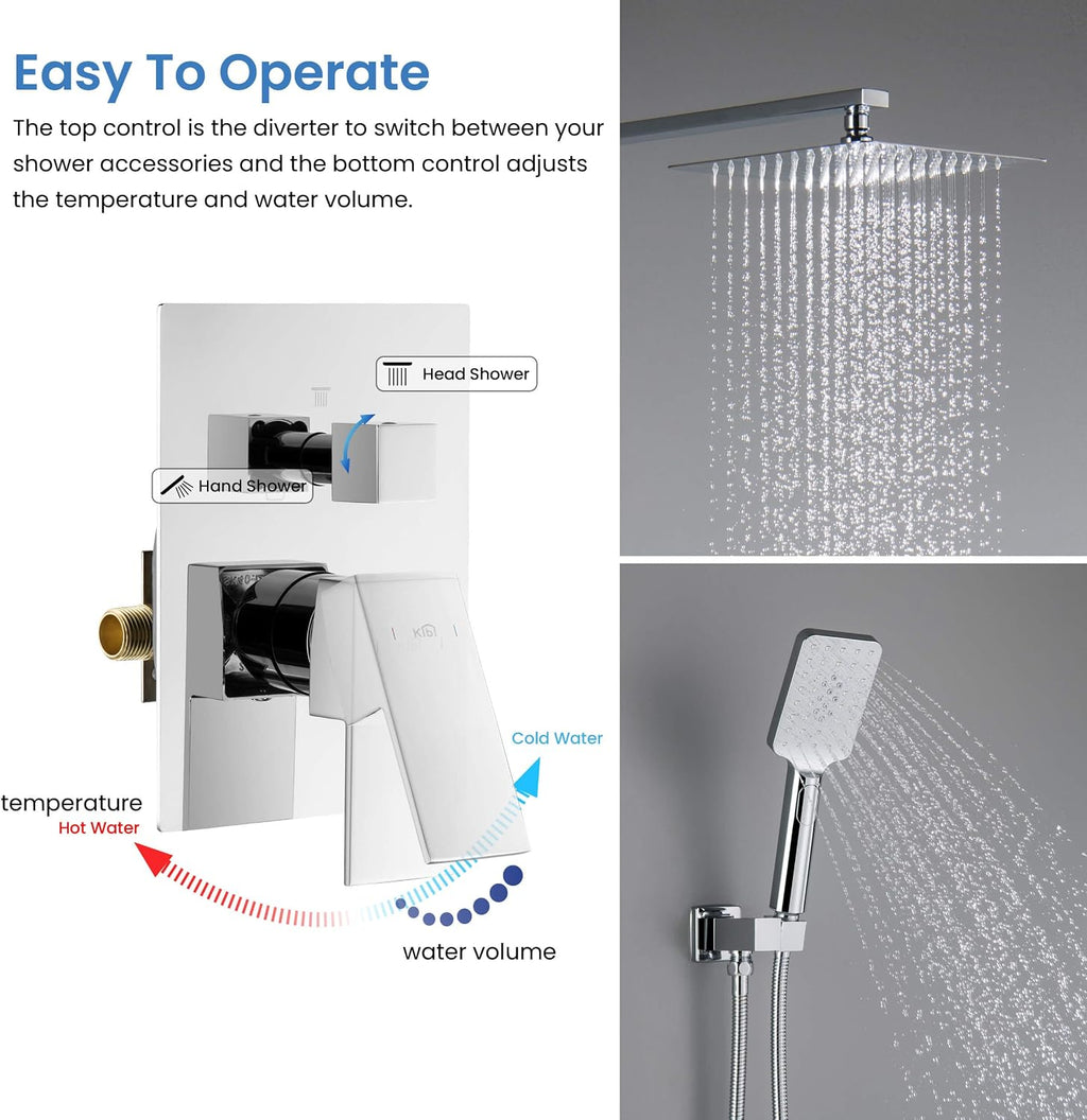 KIBI Cube Chrome Finish Shower System – Rainfall & Handheld Shower Head Set | 2‑Function Wall-Mounted Faucet Set with Solid Brass Pressure Balanced Valve, 15' Shower Arm & Hose (KSF405CH)