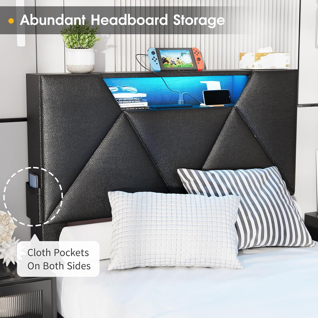 Vabches Twin Bed Frame with Storage Headboard and 4 Drawers,Upholstered Platform with Charging Station and Led Lights,Adjustable Headboard with Pu Leather,No Box Spring Needed,Black