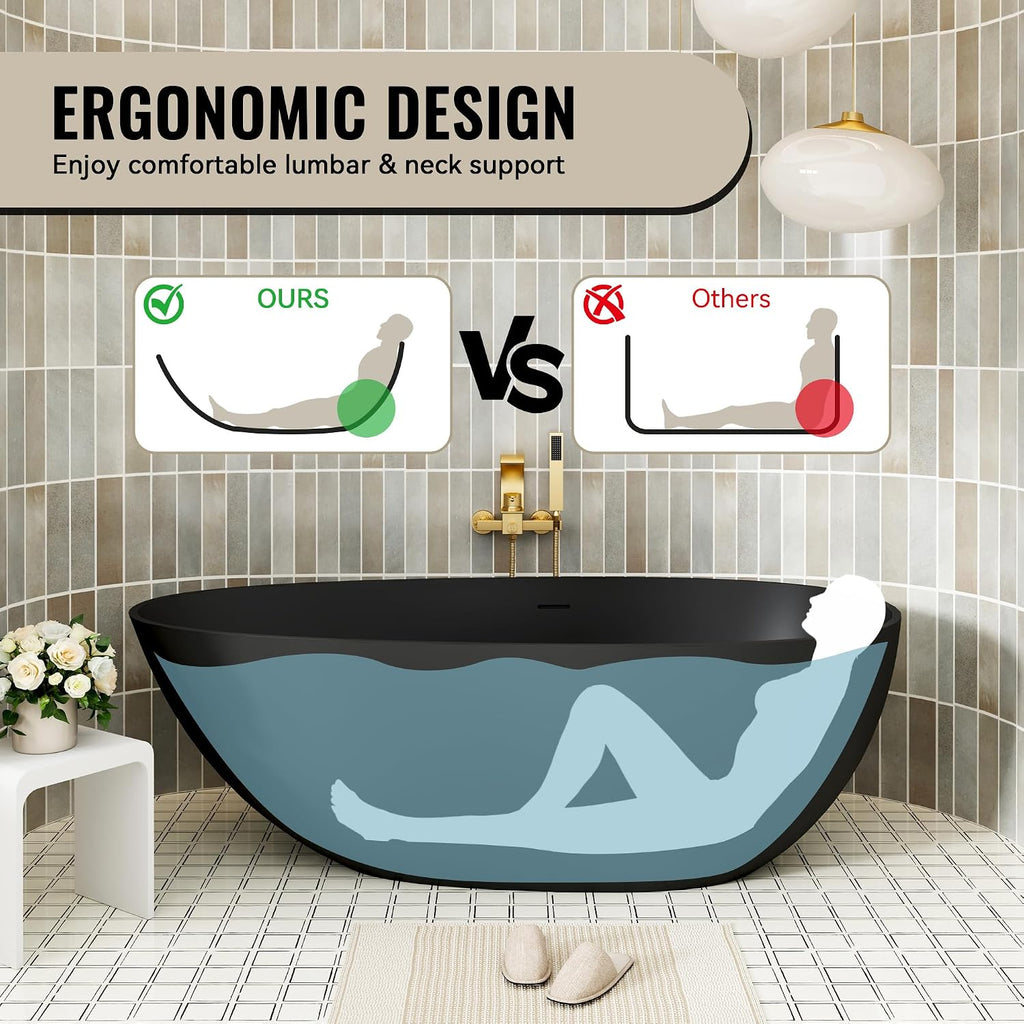 CASAINC 59' Solid Surface Freestanding Bathtub Egg-Shaped Stone Resin Freestanding Tub Matte Black Stand-Alone Tub with Drain, Drain Hose & Sanding Paper