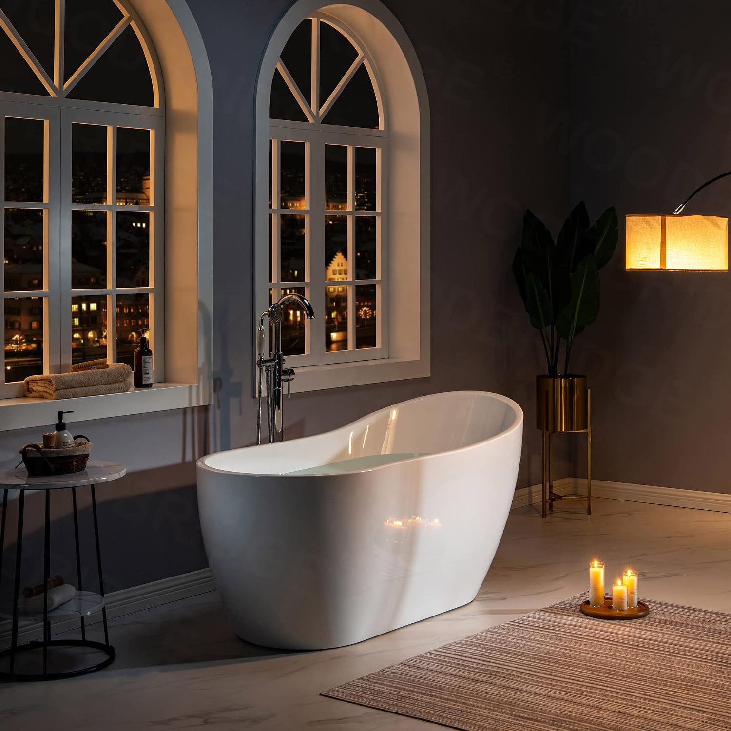 WOODBRIDGE 59' Acrylic Freestanding Bathtub Contemporary Soaking White Tub with Matte Black Overflow and Drain，B1530-MB-Drain&O