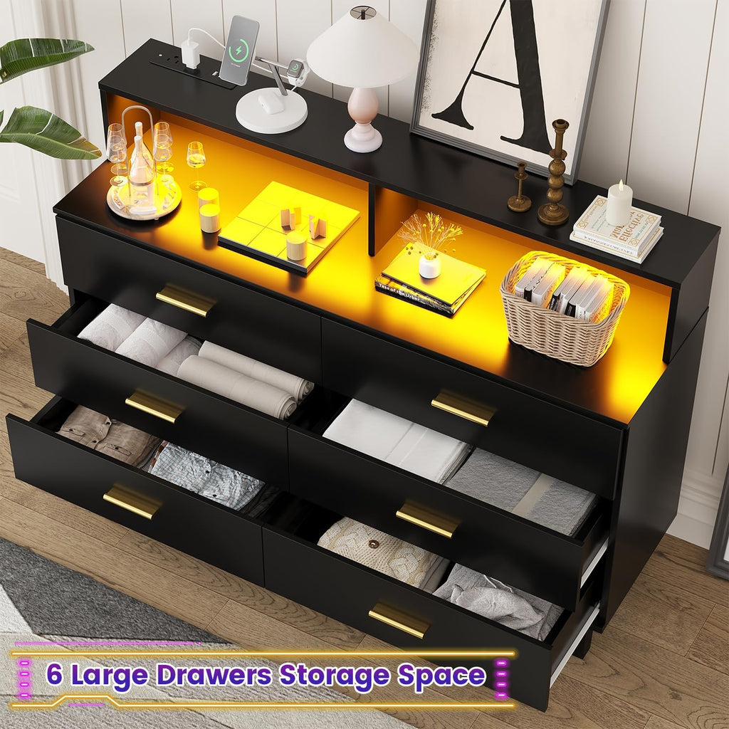 UNIQUITE 6 Drawers Dresser with LED Light and Power Outlet, Wood Black Dressers for Bedroom & Chests of Drawers, Large Double Dressers for Bedroom, Entryway, Hallway