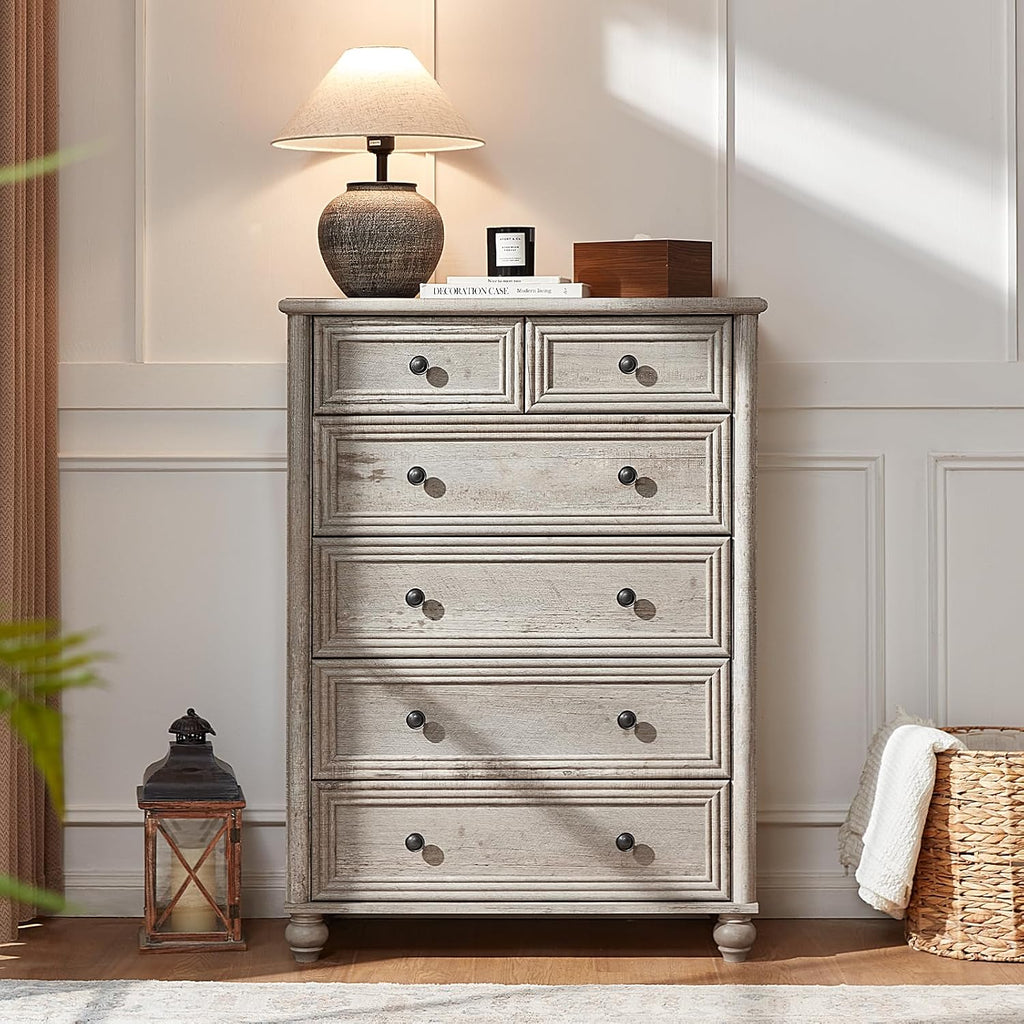 RWYHG Farmhouse 6 Drawer Dresser Set of 2, Chest of Drawers for Bedroom, 43.5' Tall Grey Dresser with Roman Column, Rustic Wood Storage Dressers Organizer for Living Room, Hallway, Closet