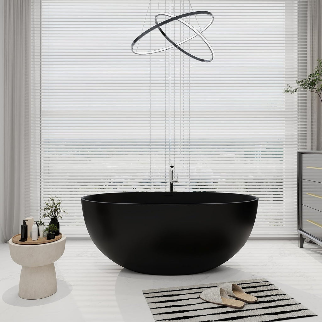 SJ STAR&JANE 55' Solid Surface Freestanding Bathtub, Stone Resin Oval Soaking Tub Matte Black Stand Alone Tub with Overflow and Pop-up Drain for Bathroom