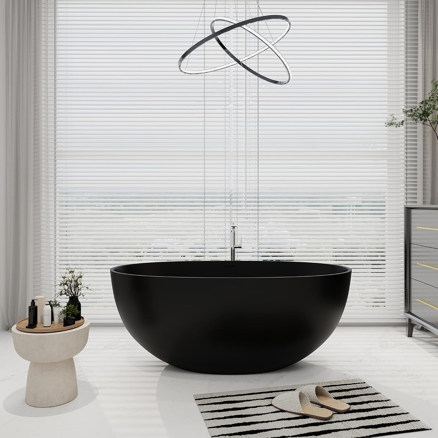 SJ STAR&JANE 55' Solid Surface Freestanding Bathtub, Stone Resin Oval Soaking Tub Matte Black Stand Alone Tub with Overflow and Pop-up Drain for Bathroom