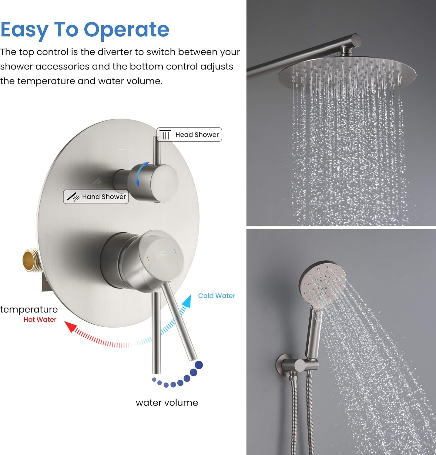KIBI Circular Bathroom Shower System | 2-Function Wall Mounted Shower Faucet Set | Solid Brass Pressure Balanced Valve Construction | Durable and Leak-Free | Brushed Nickel Finish, KSF403