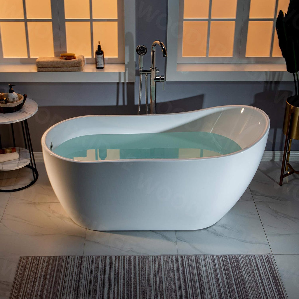 WOODBRIDGE 59' Acrylic Freestanding Bathtub Contemporary Soaking White Tub with Brushed Nickel Overflow and Drain，B-1530 -B/N-Drain &O