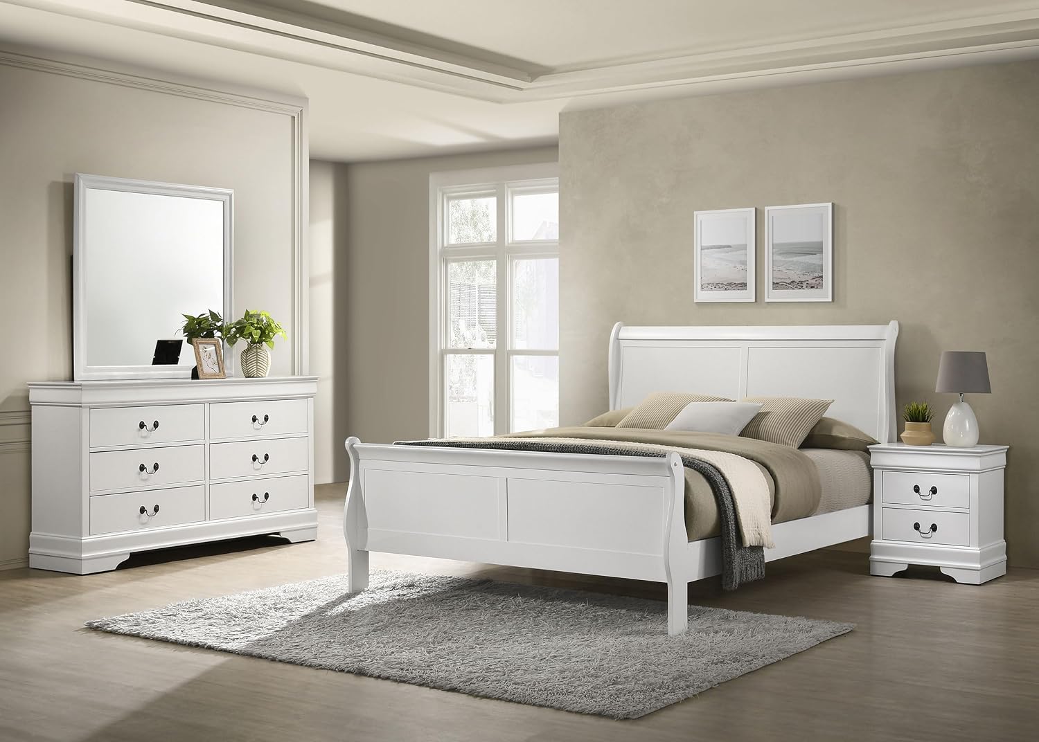 Coaster Home Furnishings Louis Philippe Traditional 4-Piece Bedroom Set Queen Size Sleigh Bed Frame 47-inch Headboard White 202441Q-S4