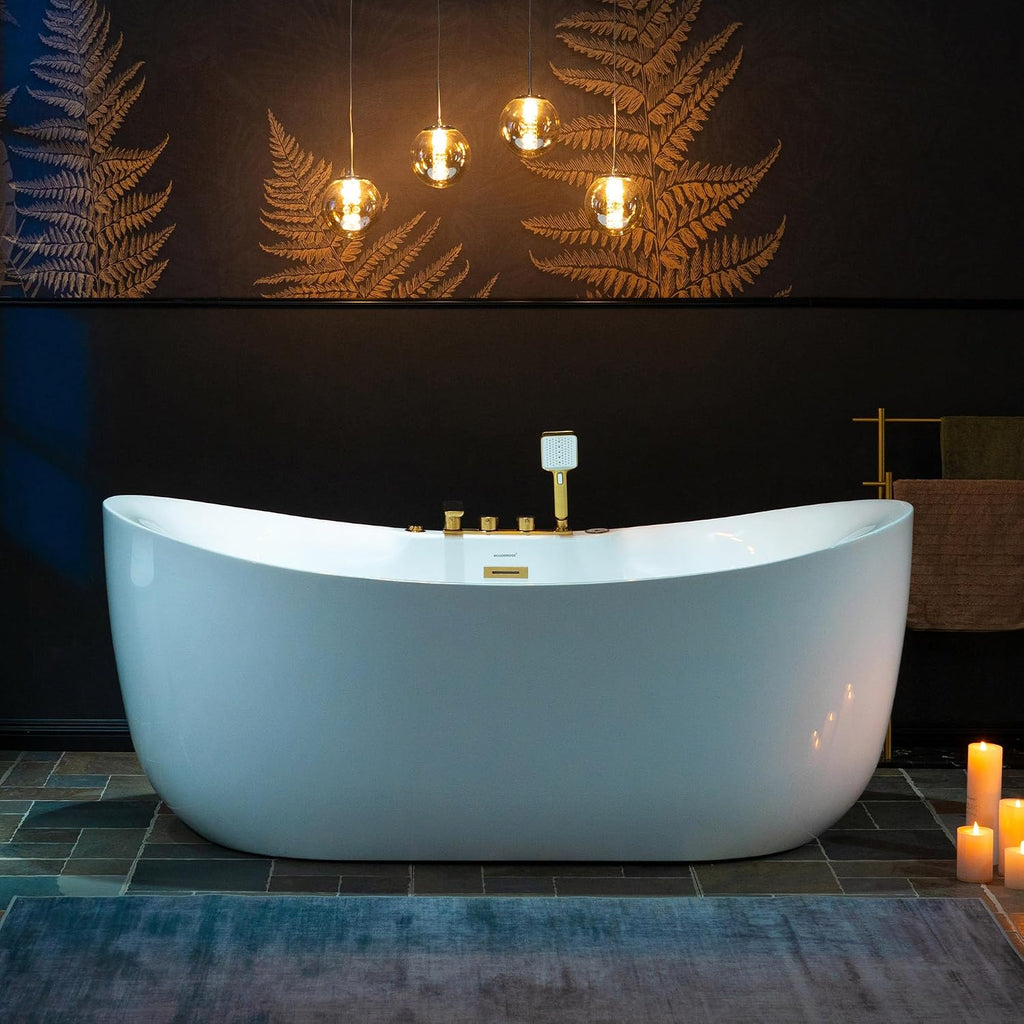 WOODBRIDGE 72' x 35-3/8' Whirlpool and Air Bath Heated Soaking Combination Tub with Adjustable Speed Air Blower and Display Control Panel, Brushed Gold Finish Trim and Drain Kit, BG400+F0045BG