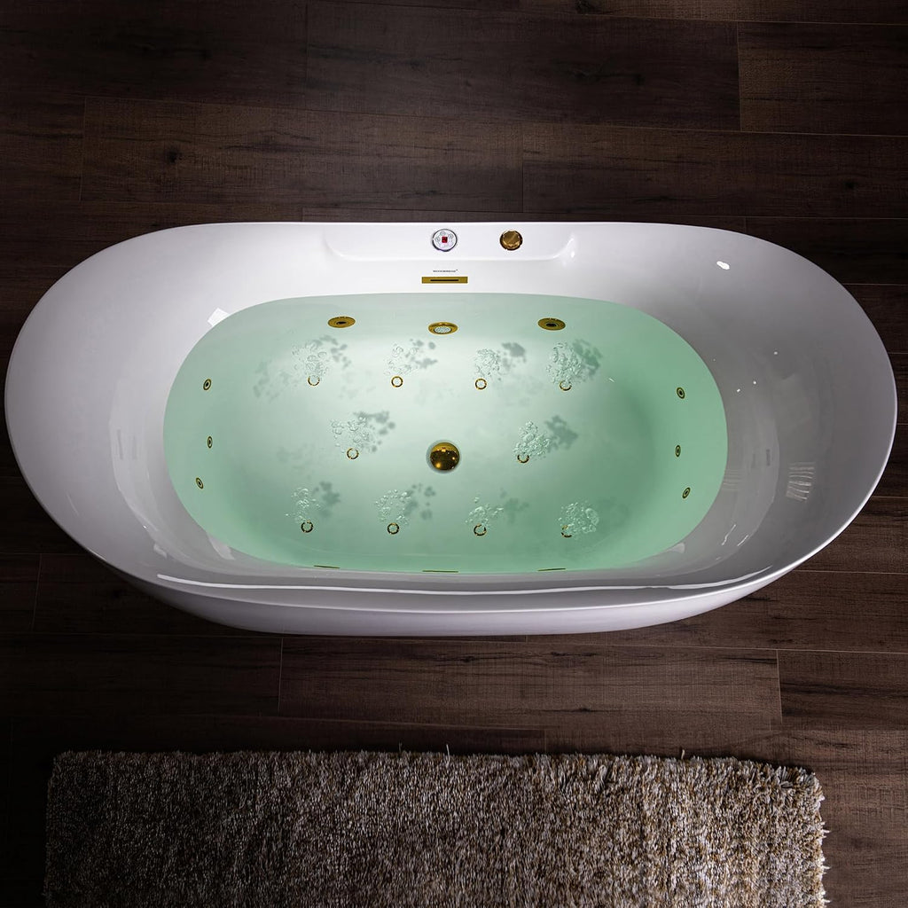 WOODBRIDGE 72' x 35-3/8' Whirlpool and Air Bath Heated Soaking Combination Tub with Adjustable Speed Air Blower and Display Control Panel, Brushed Gold Finish Trim and Drain Kit, BG400