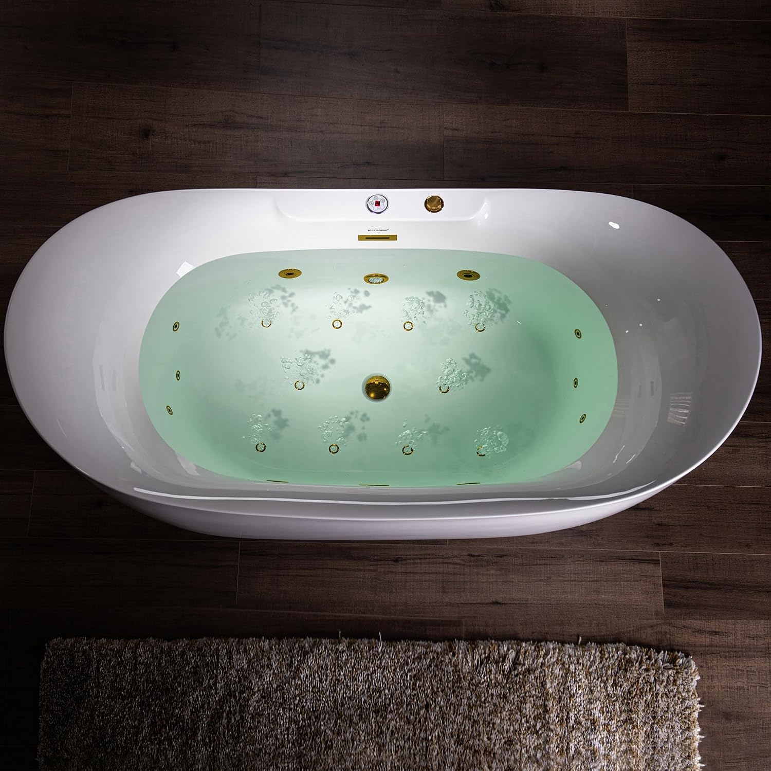 WOODBRIDGE 72' x 35-3/8' Whirlpool and Air Bath Heated Soaking Combination Tub with Adjustable Speed Air Blower and Display Control Panel, Brushed Gold Finish Trim and Drain Kit, BG400