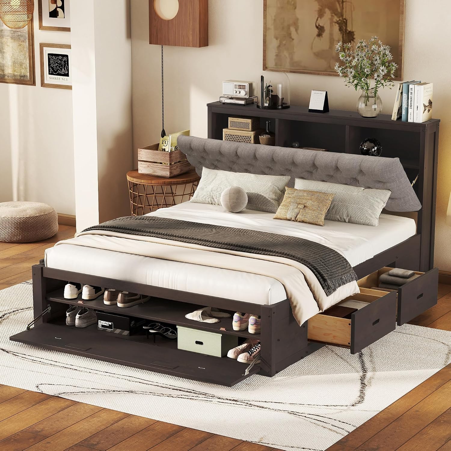 Modern Queen Size Platform Bed with Upholstered Storage Headboard, Wood Platform Bed Frame with Shoe Rack and 4 Drawers, Sturdy Slat Support, Maximize Space (Espresso-21)