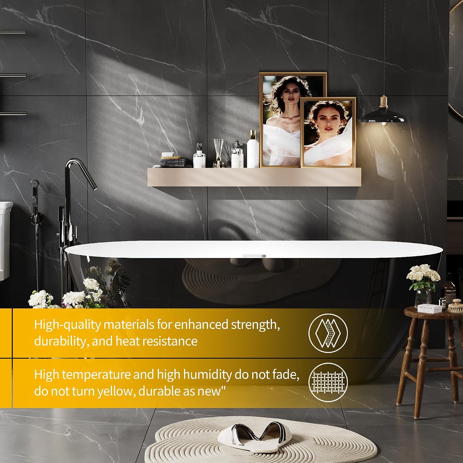 GarveeHome 67 Inch Acrylic Freestanding Bathtub, Deep Soaking Tub with White Interior Black Exterior, Modern Oval Stand Alone Bath Tub for Bathroom, Non-Slip, Easy Install, Chrome Overflow & Drain