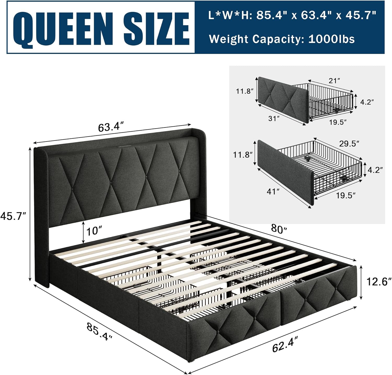 GalnFu Queen Bed Frame with 4 Storage Drawers, Upholstered Platform Bed with Charging Station, Modern Wingback Storage Headboard, Easy Assembly,Noise-Free, Dark Gray