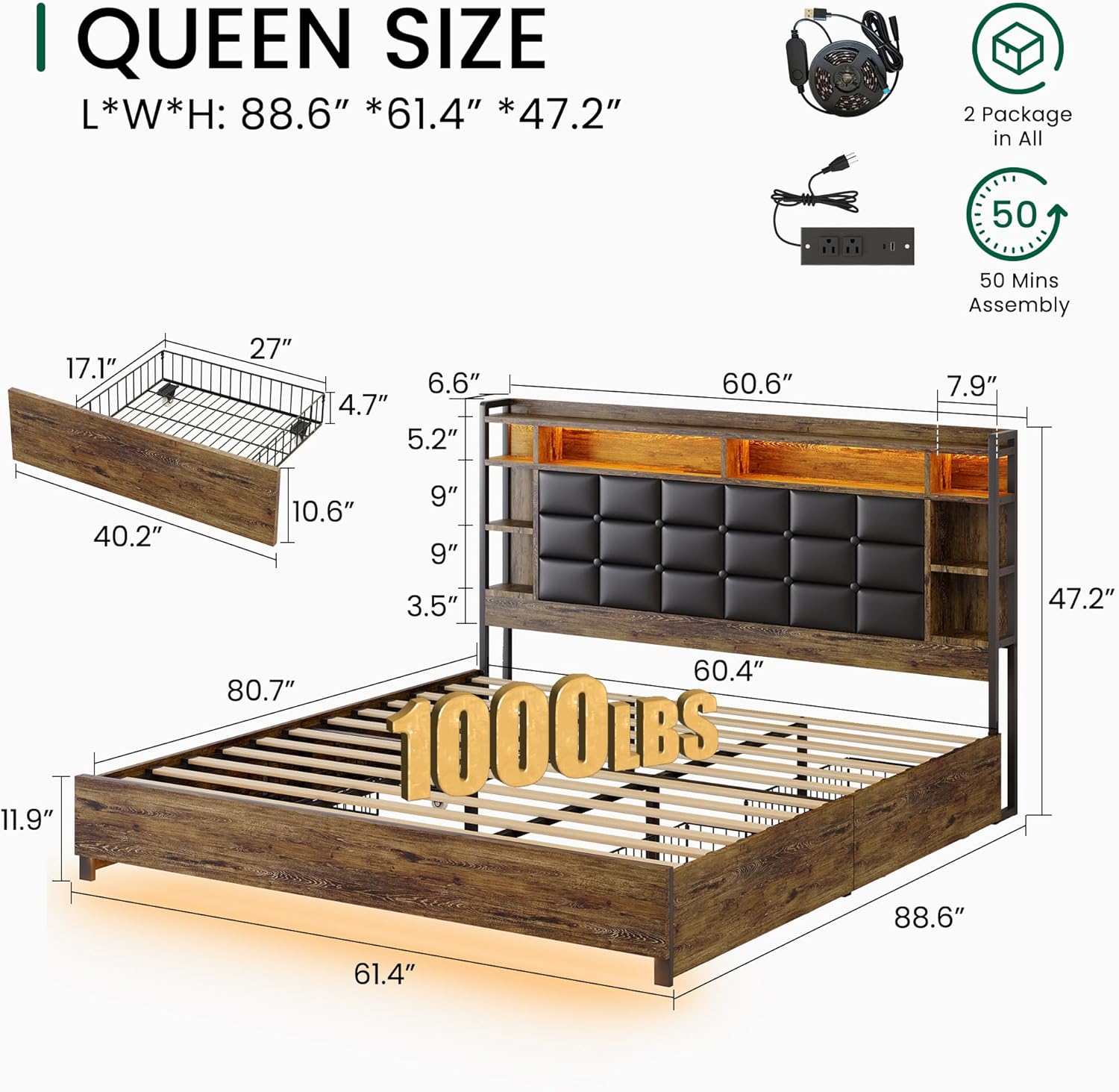 LARMACE Queen Size Bed Frame with 4 Storage Drawers and Bookcase Headboard, Faux Leather Upholstered, Wooden Platform Bed Frame with Charging Station and LED Lights, No Box Spring Needed, Brown