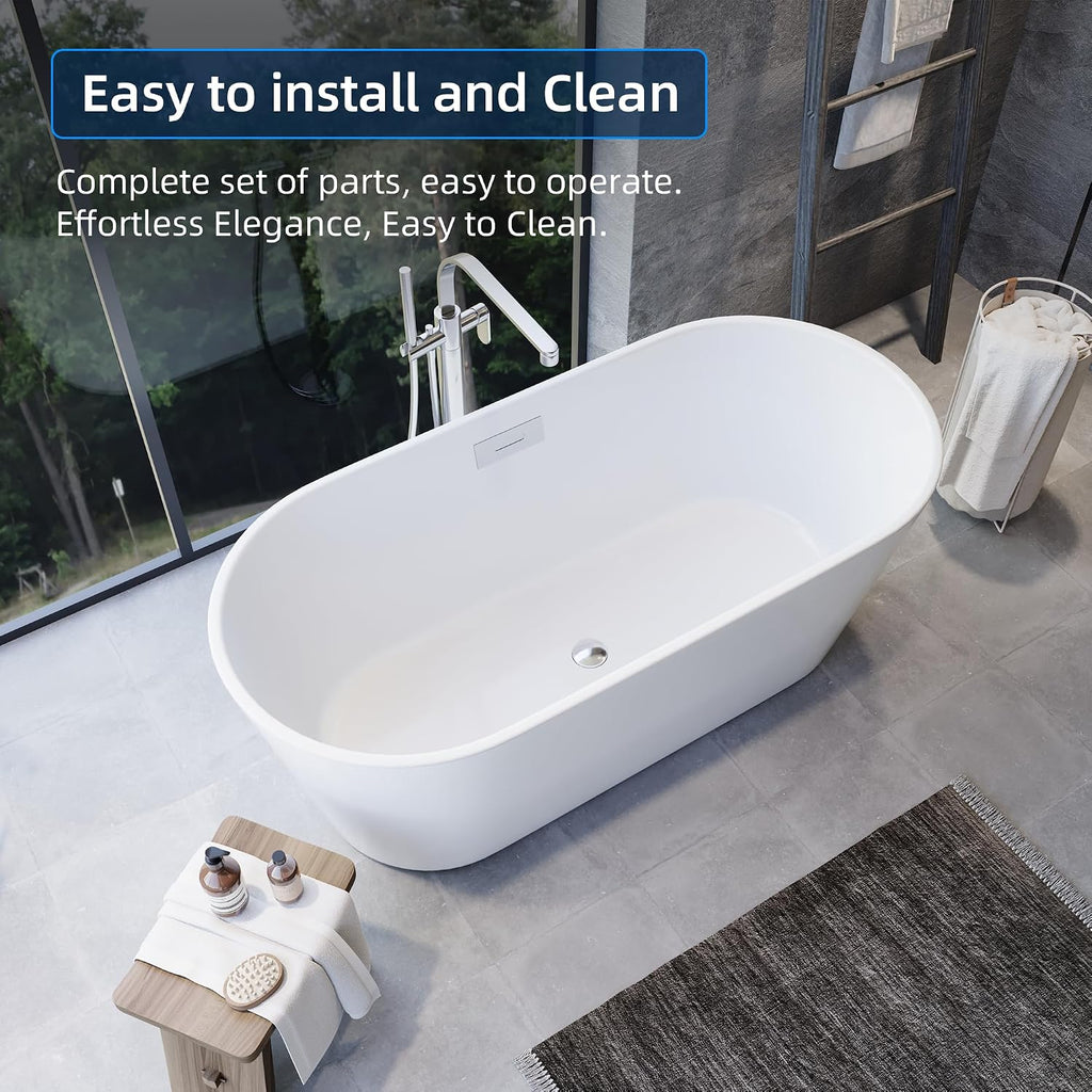Acrylic Freestanding Bathtub, Deep Soaking Tub with Non-Slip Base, CUPC Certified Free Standing Tub, Chrome Drain Bath Tub, Modern Tub for Bathrooms, White, 59Inch