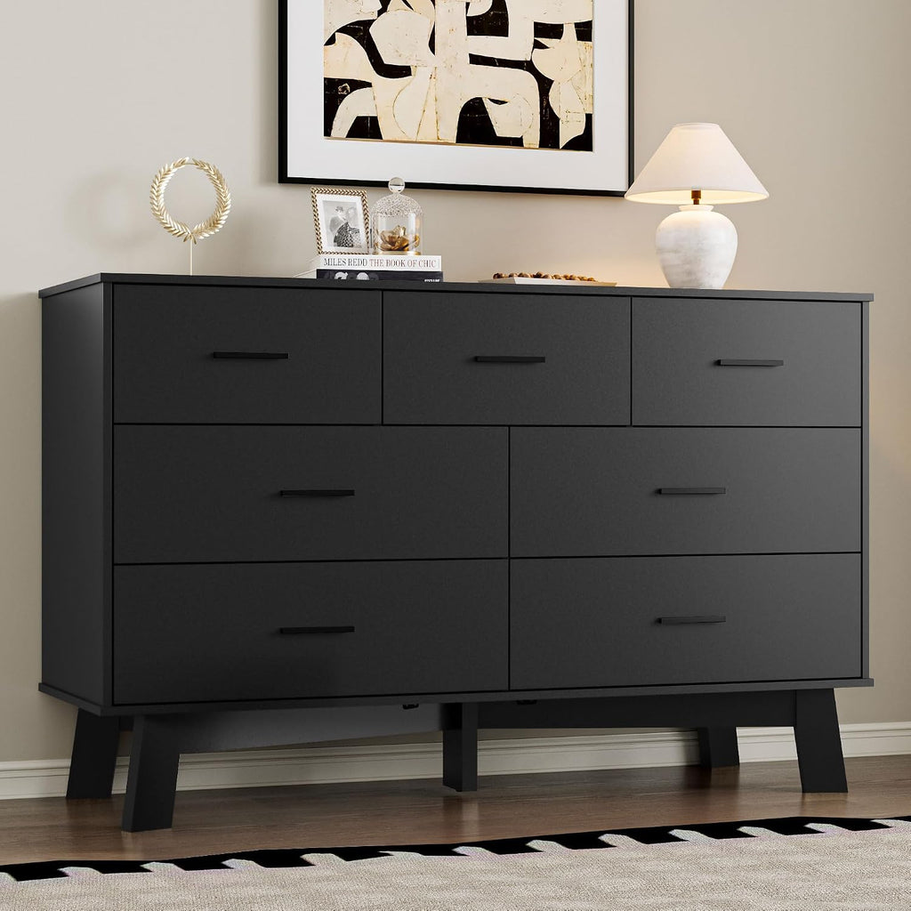 BORNOON Dresser for Bedroom with 7-Drawer, 47.2' Wide Modern Chest of Drawers with Metal Handles, X-Shape Base & Adjustable Center Leg, Anti-Tip Closet Organizers and Storage