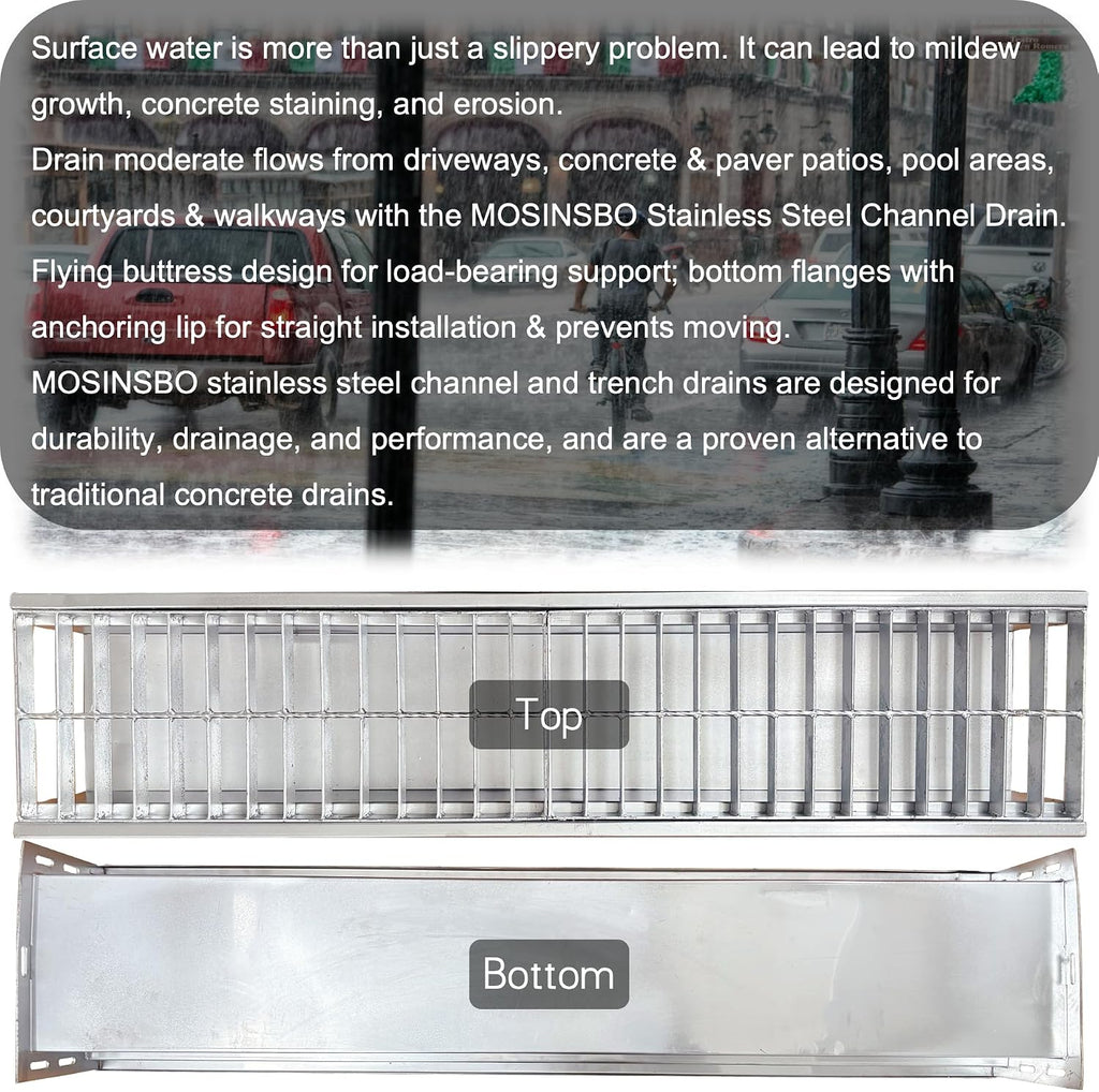 304 Stainless Steel Channel Drain with Galvanized Steel Grate 39.4x9x6 in, B-Class 28100 lbs Heavy-Duty Drain Kit for 3' Pipe, Trench Drainage System for Outdoor, Driveway, Garage, Yard
