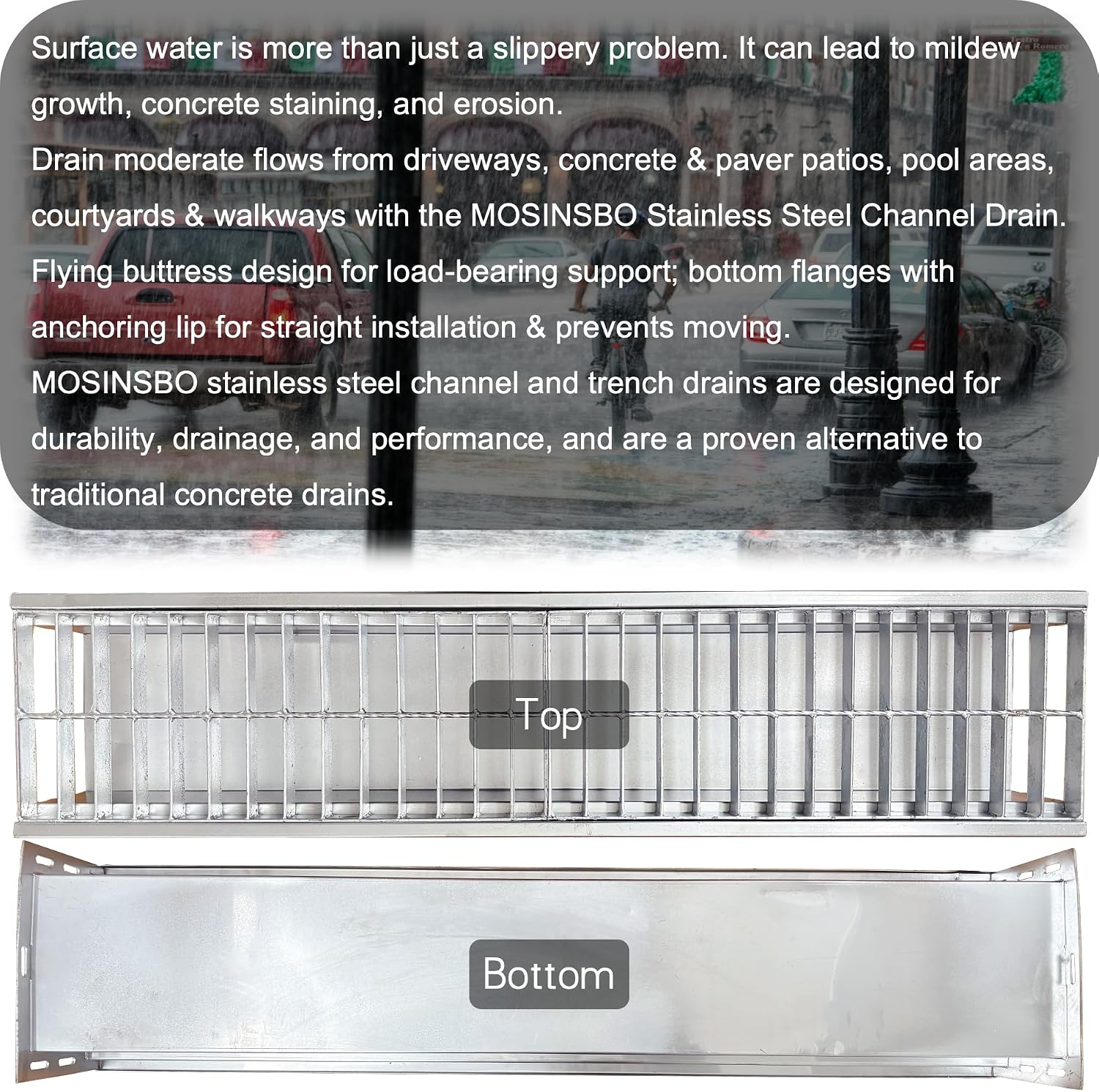 304 Stainless Steel Channel Drain with Galvanized Steel Grate 39.4x9x6 in, B-Class 28100 lbs Heavy-Duty Drain Kit for 3' Pipe, Trench Drainage System for Outdoor, Driveway, Garage, Yard