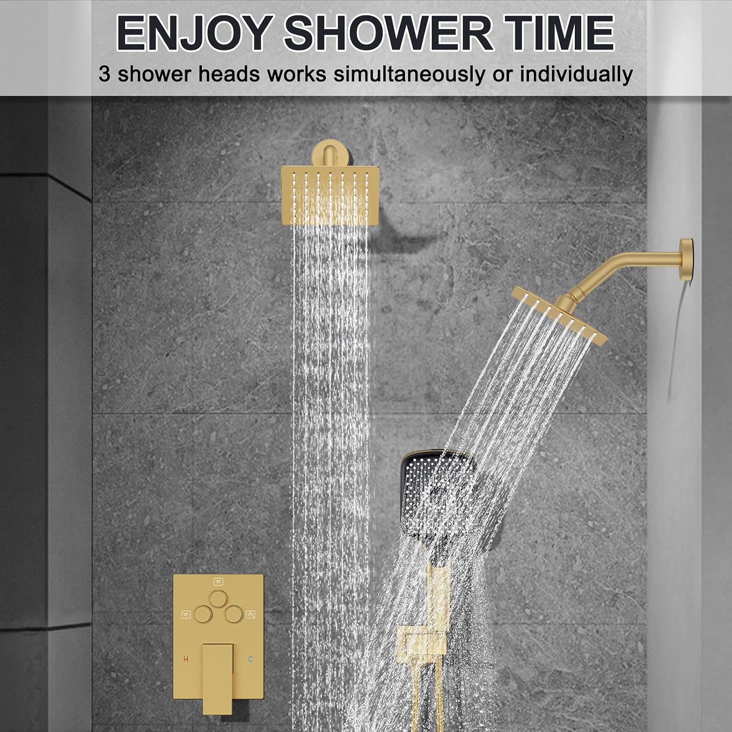 Iriber Bathtub Shower Faucet Set Brushed Gold,Push Button Diverter Shower System for 2 people with 2 in 1 Hand Shower, Dual Shower Head with handheld Wall Mount valve trim kit (cartridge Included)